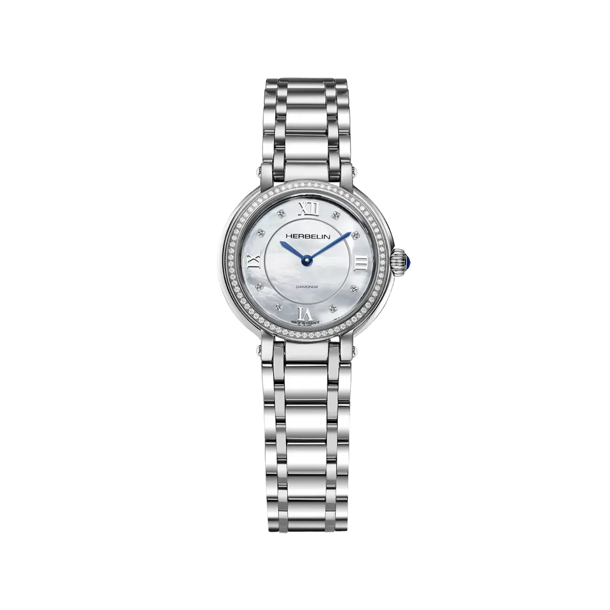 ⁣⁢Galet, esfera nácar blanco, caja acero redonda, brazalete acero⁤⁣