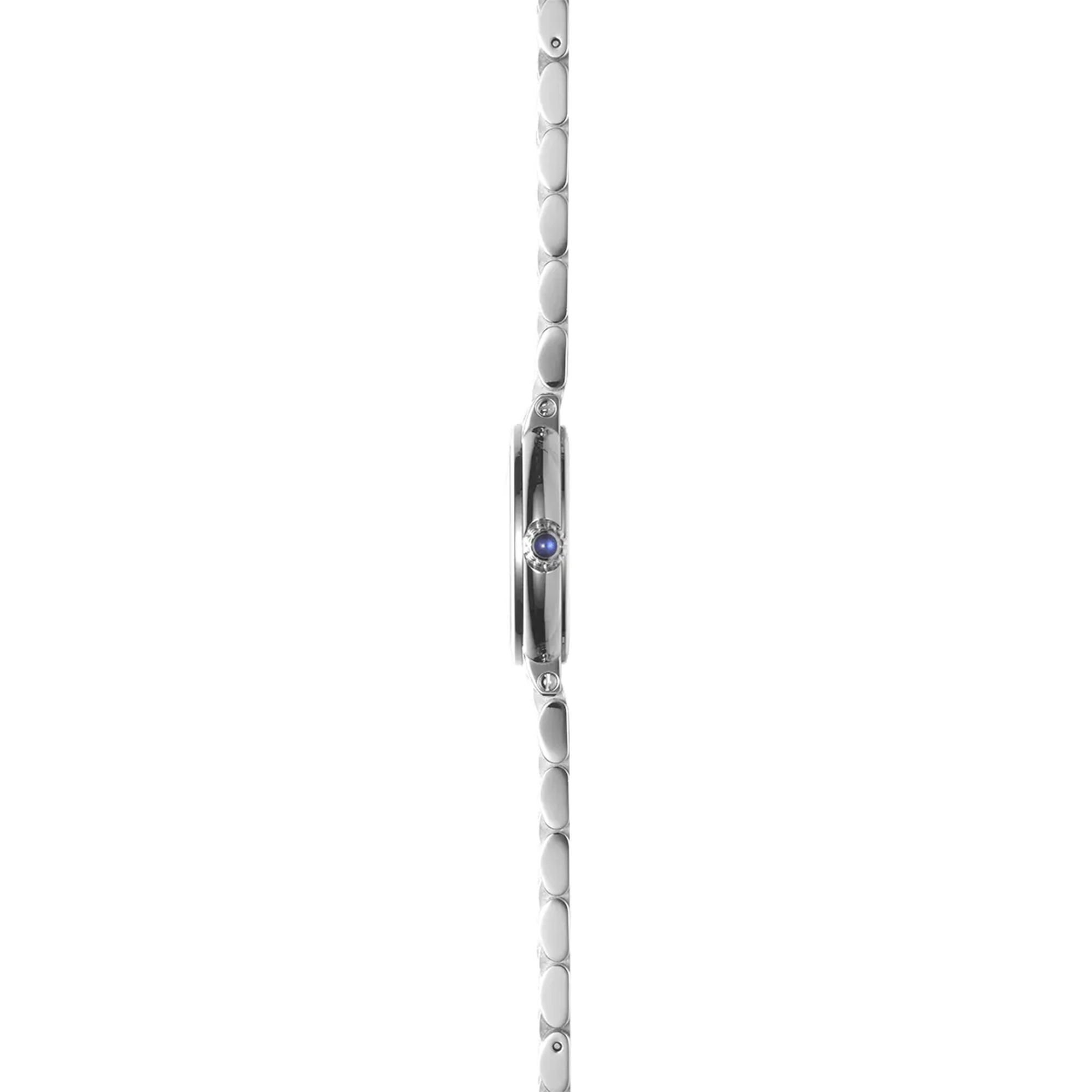 Vue de profil, tranche acier, couronne et attaches du bracelet acier