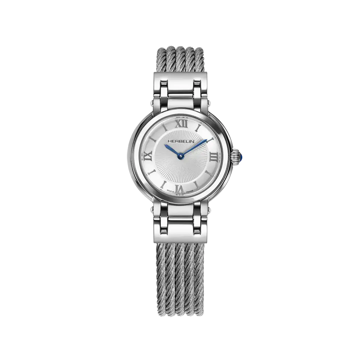 ⁣⁢Galet, esfera plateada guilloché, caja de acero redonda, brazalete de acero⁤⁣