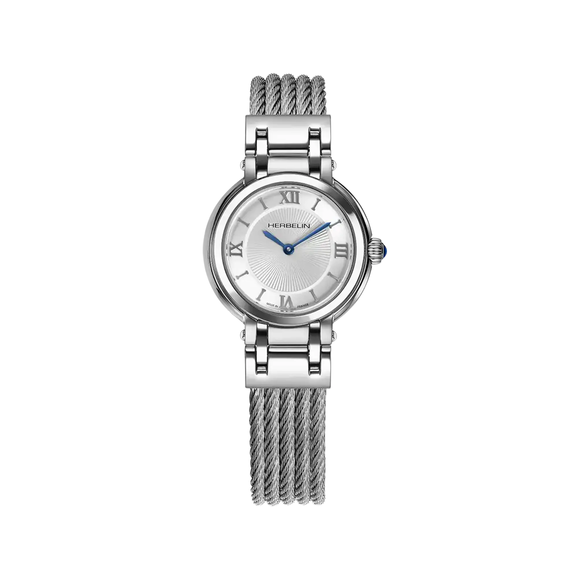 Galet, cadran argent guilloché, boîtier acier rond, bracelet acier
