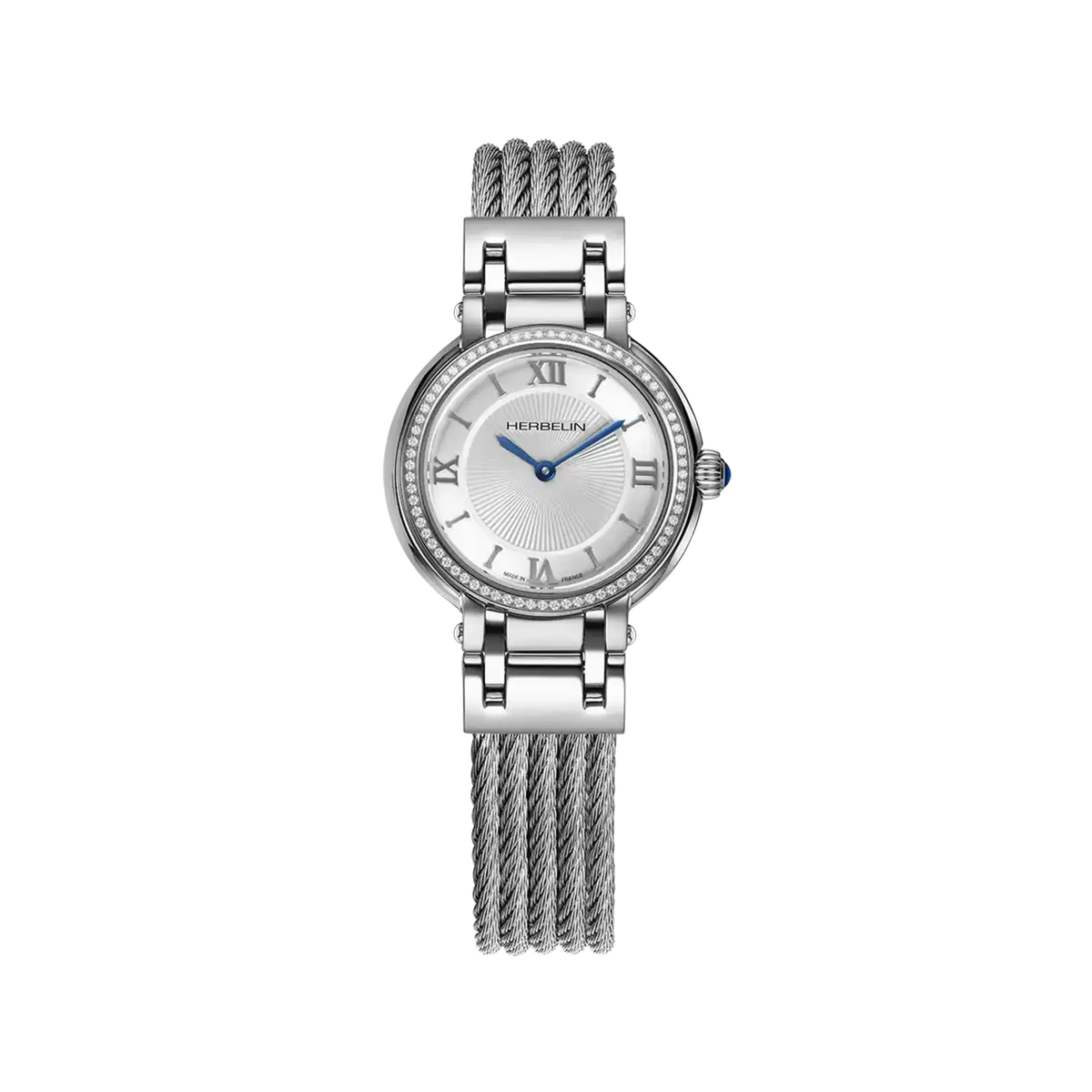 ⁣⁢Galet, esfera plateada guilloché, caja de acero redonda, brazalete de acero⁤⁣