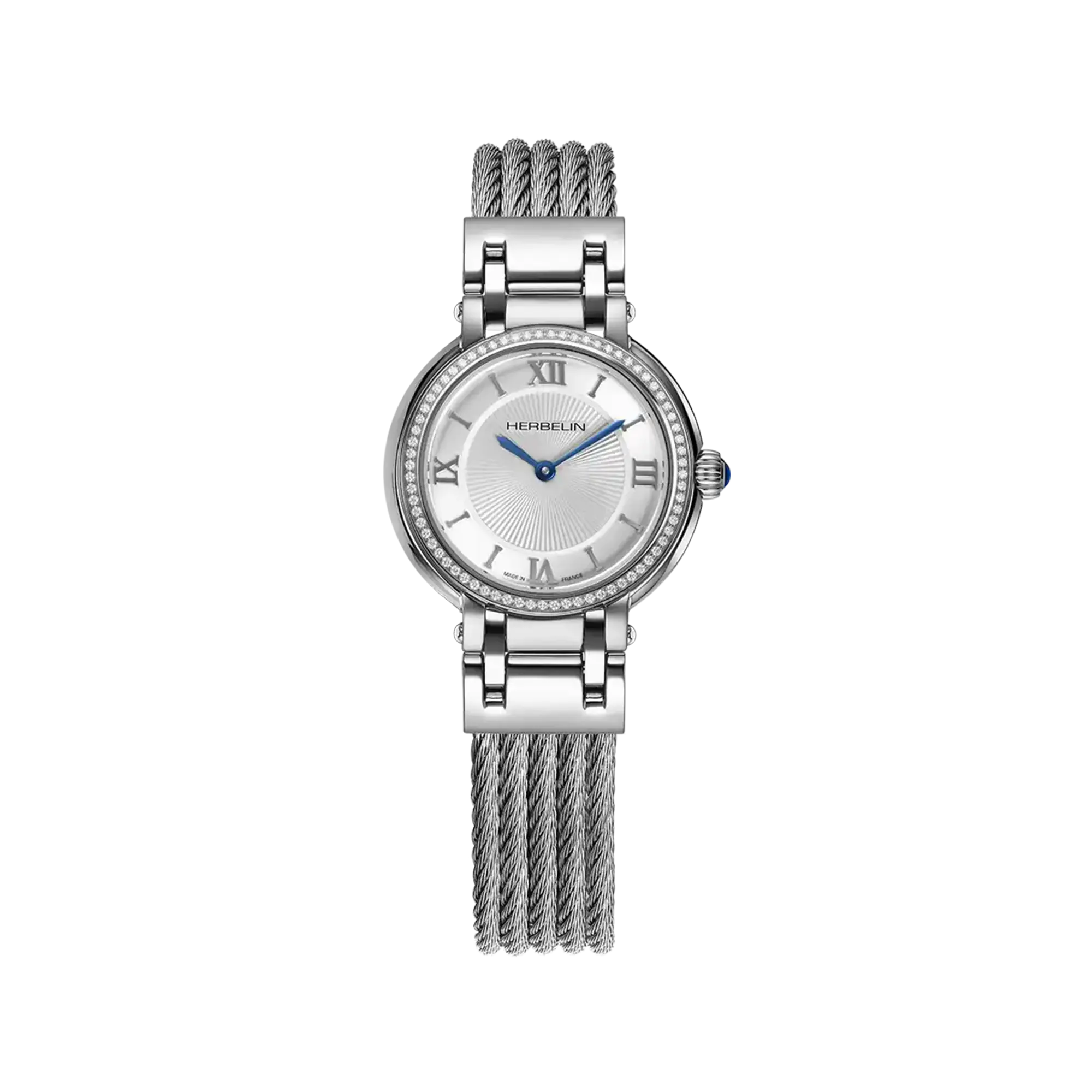 Galet, cadran argent guilloché, boîtier acier rond, bracelet acier
