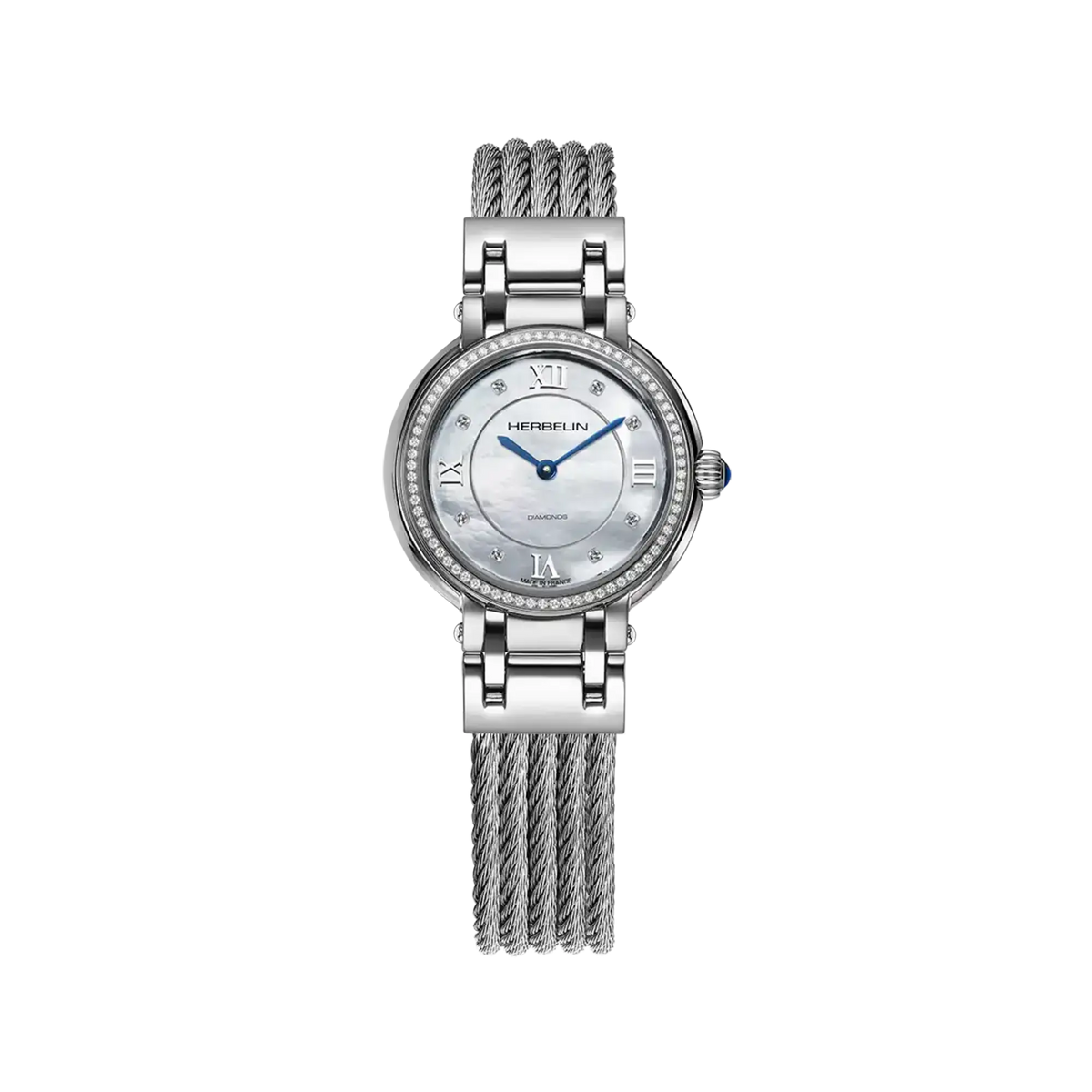 ⁣⁢Galet, esfera nácar blanco, caja acero redonda, brazalete acero⁤⁣