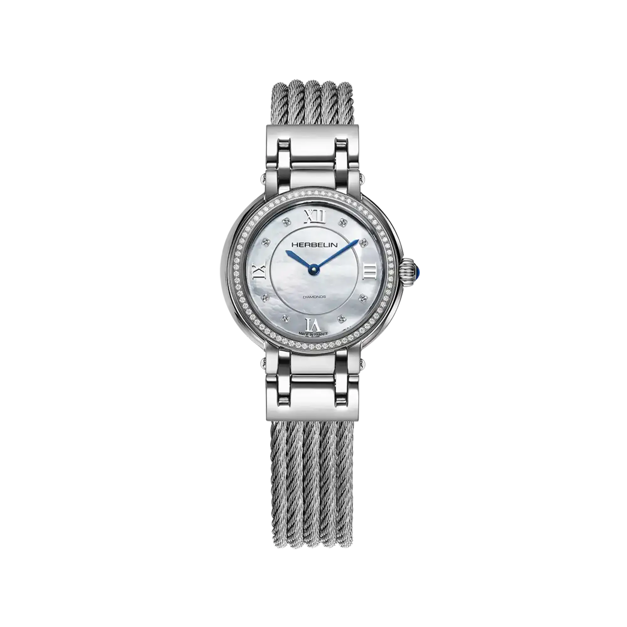Galet, cadran nacre blanche, boîtier acier rond, bracelet acier