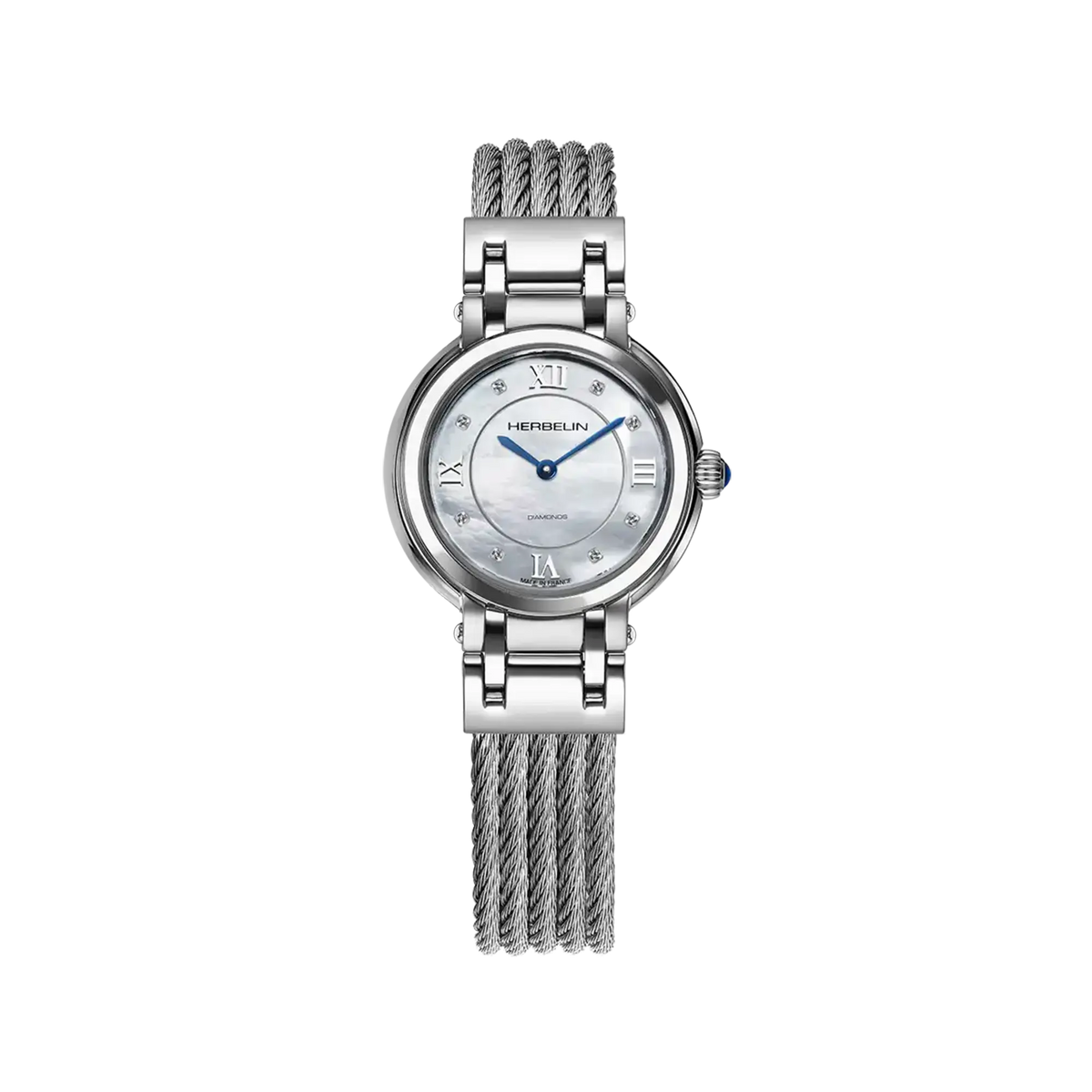⁣⁢Galet, esfera nácar blanco, caja acero redonda, brazalete acero⁤⁣