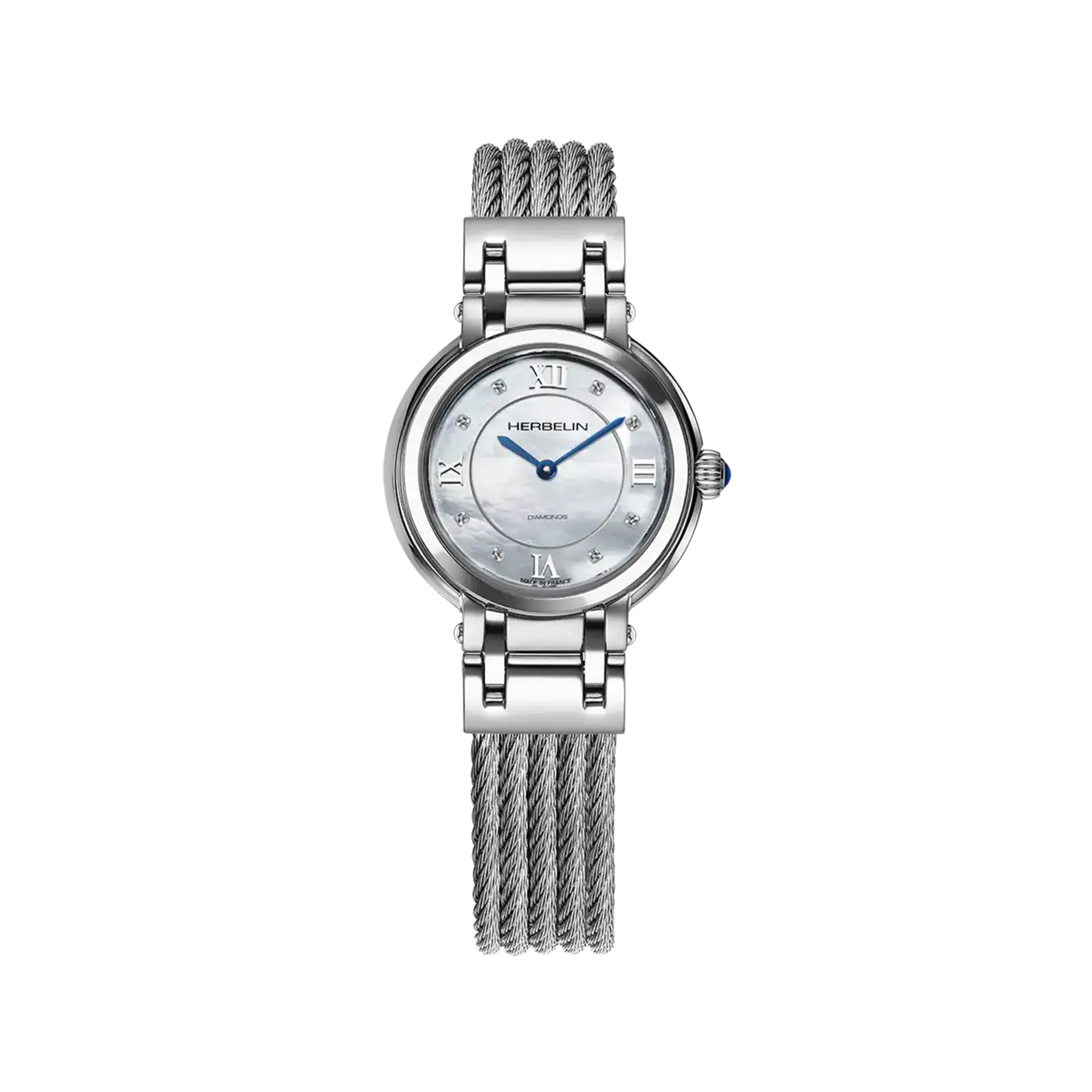 Galet, cadran nacre blanche, boîtier acier rond, bracelet acier