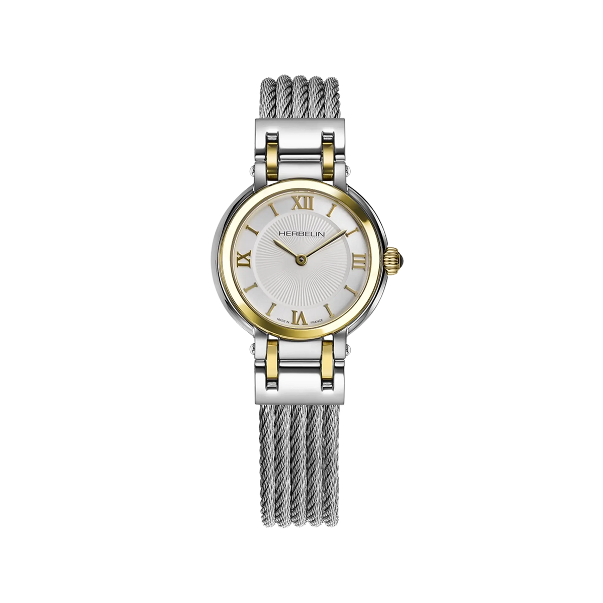 ⁣⁢Galet, esfera blanca, caja redonda de acero PVD oro amarillo, brazalete de acero⁤⁣