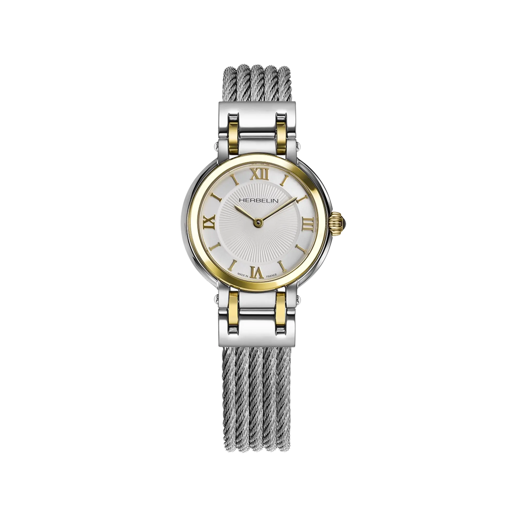 Galet, cadran blanc, boîtier acier PVD or jaune rond, bracelet acier