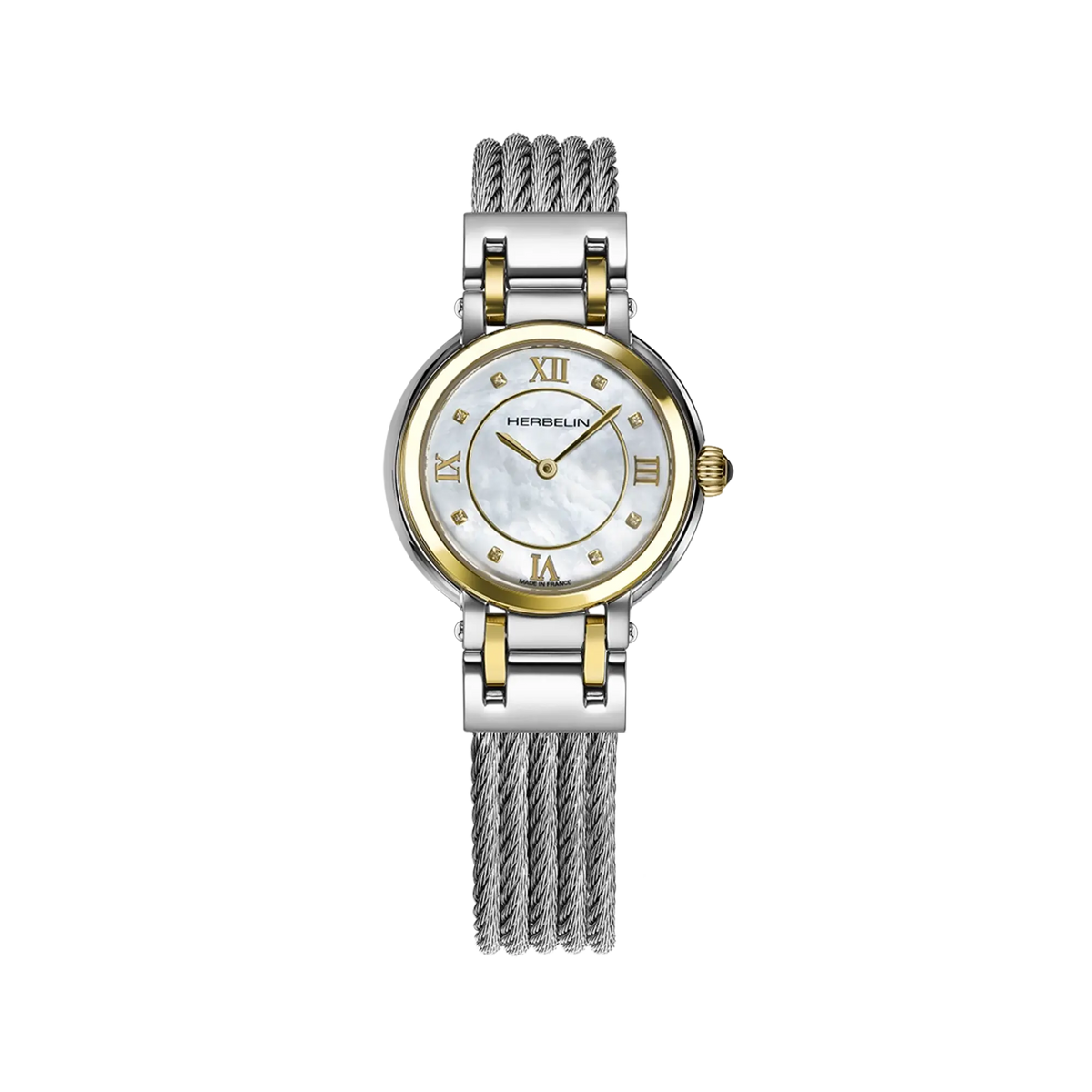 ⁣⁢Galet, esfera nácar blanco, caja acero PVD oro amarillo redonda, brazalete acero⁤⁣