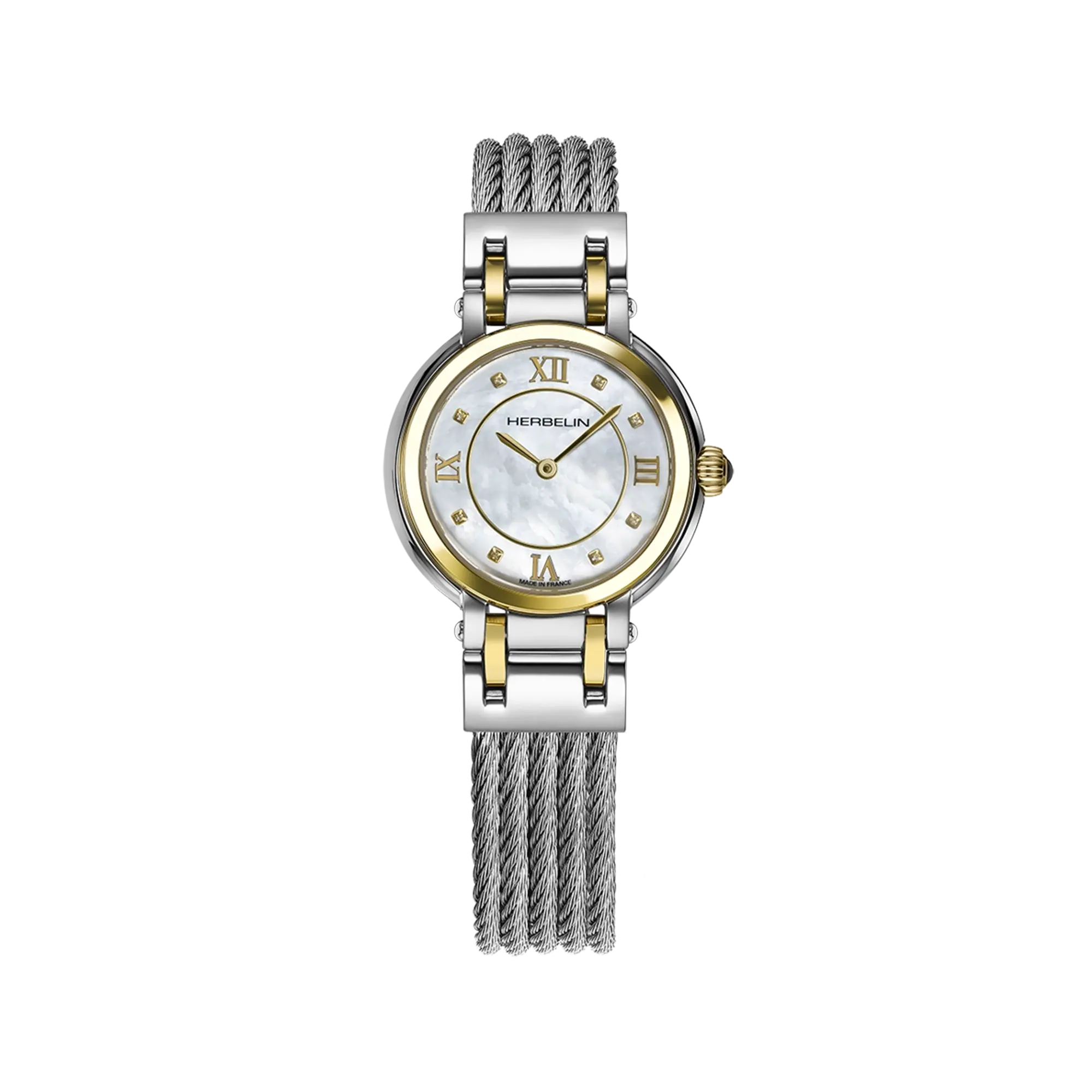 Galet, cadran nacre blanche, boîtier acier PVD or jaune rond, bracelet acier
