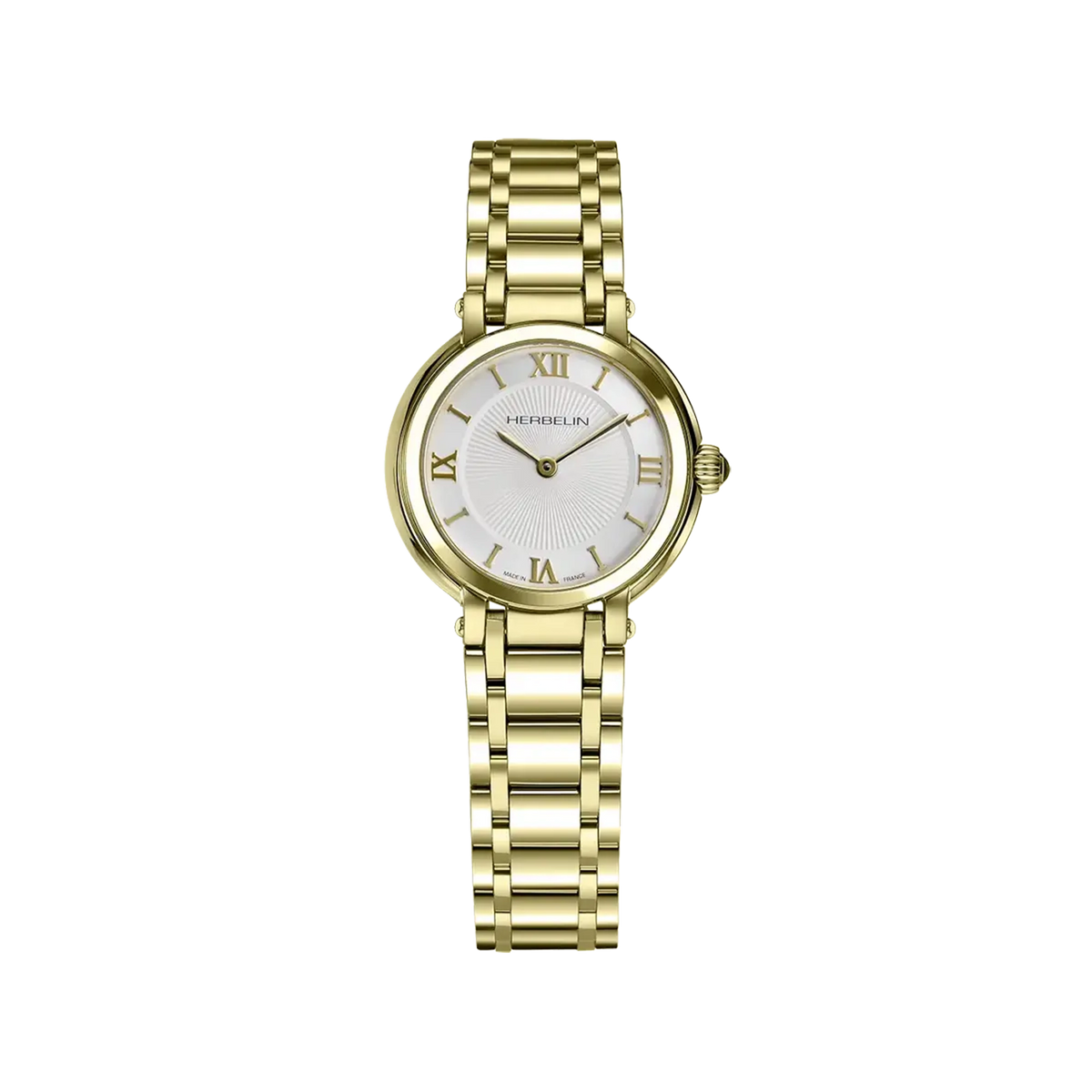 ⁣⁢Galet, esfera plata guilloché, caja acero PVD oro amarillo redonda, brazalete acero bicolor⁤⁣