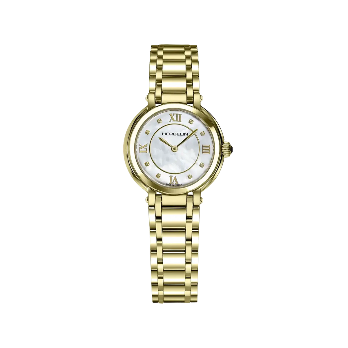 ⁣⁢Galet, esfera nácar blanco, caja acero PVD oro amarillo redonda, brazalete acero bicolor⁤⁣