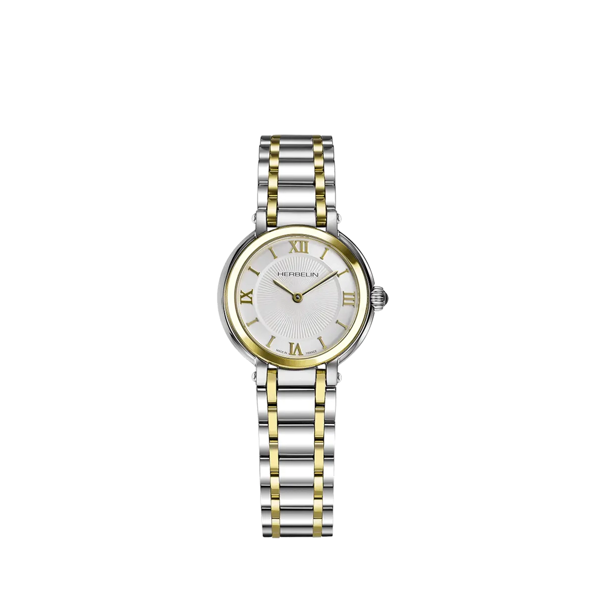⁣⁢Galet, esfera plata guilloché, caja acero PVD oro amarillo redonda, brazalete acero bicolor⁤⁣