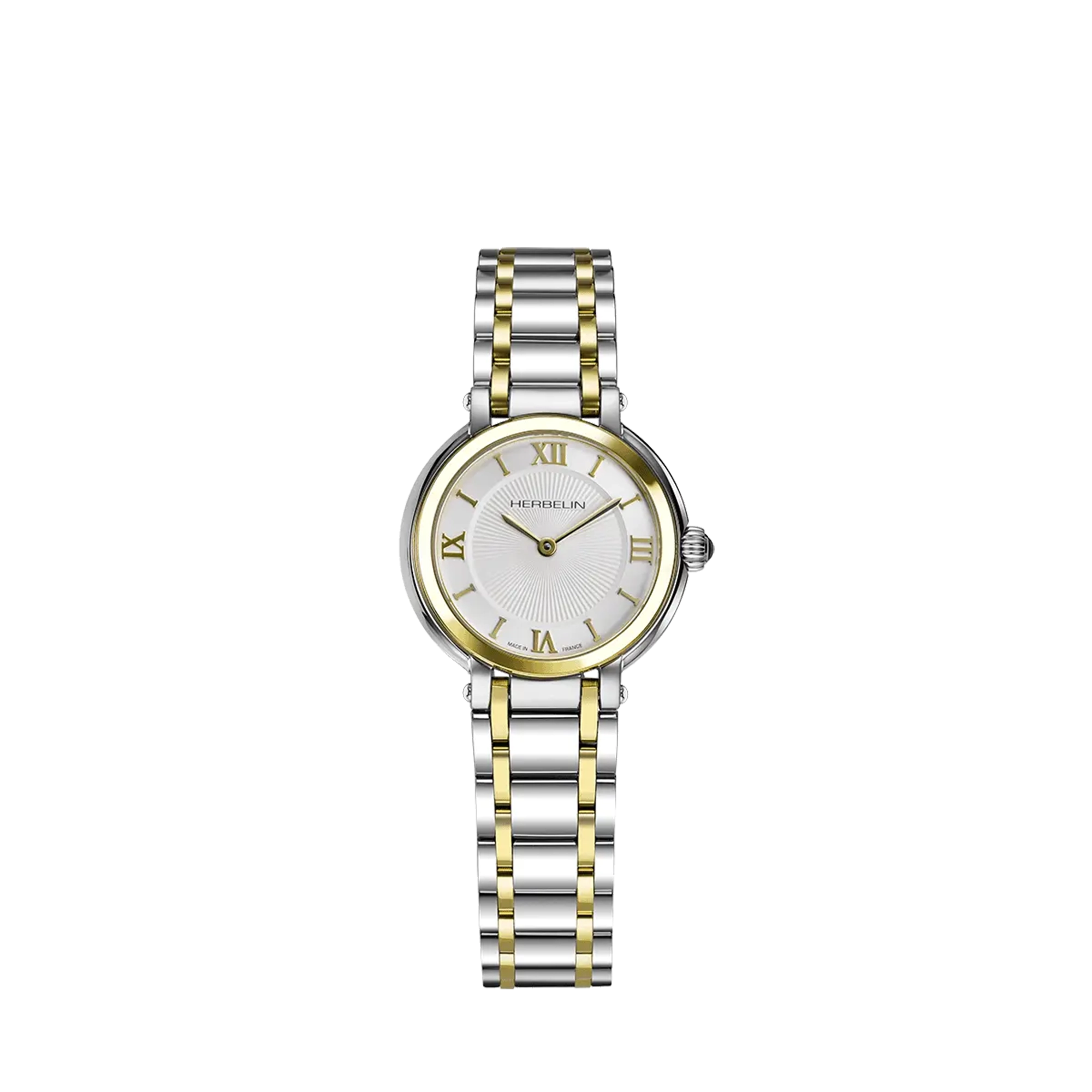 Galet, cadran argent guilloché, boîtier acier PVD or jaune rond, bracelet acier bicolore