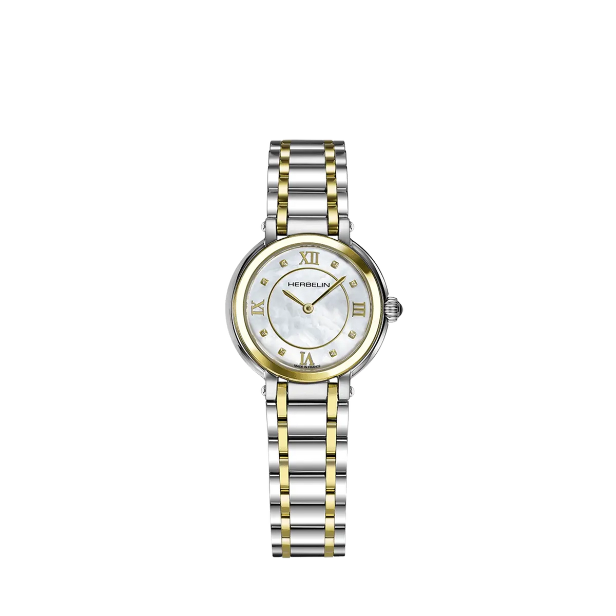 ⁣⁢Galet, esfera nácar blanco, caja acero PVD oro amarillo redonda, brazalete acero bicolor⁤⁣