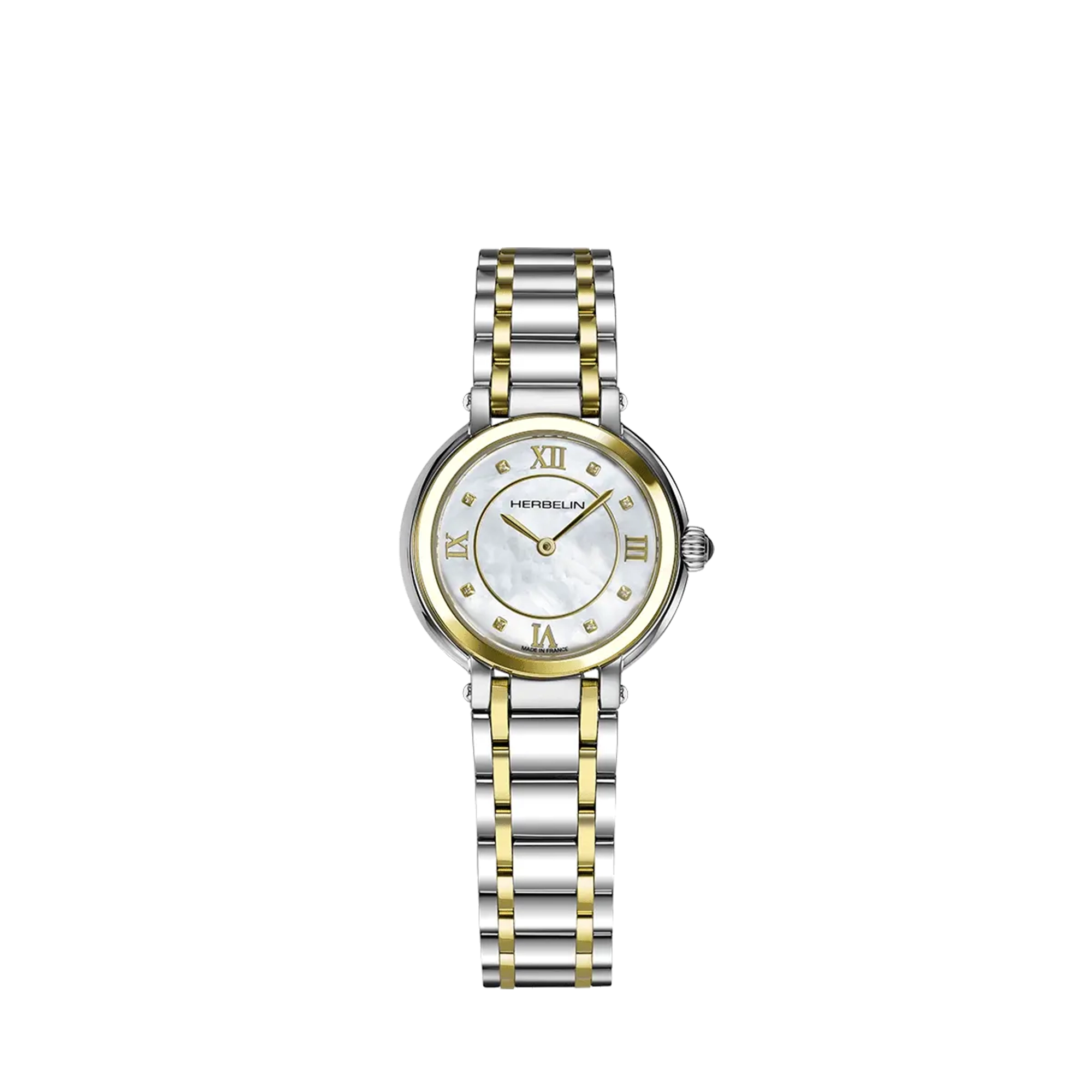 Galet, cadran nacre blanche, boîtier acier PVD or jaune rond, bracelet acier bicolore