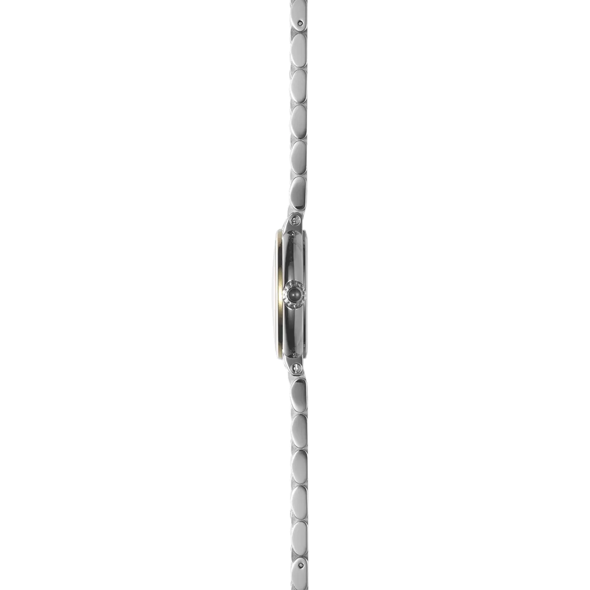 Vue de profil, tranche acier PVD or jaune, couronne et attaches du bracelet acier bicolore