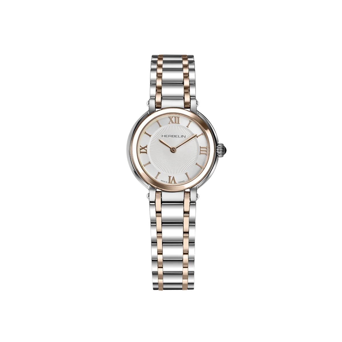 ⁣⁢Galet, esfera plateada guilloché, caja acero PVD oro rosa redonda, brazalete acero PVD oro rosa⁤⁣