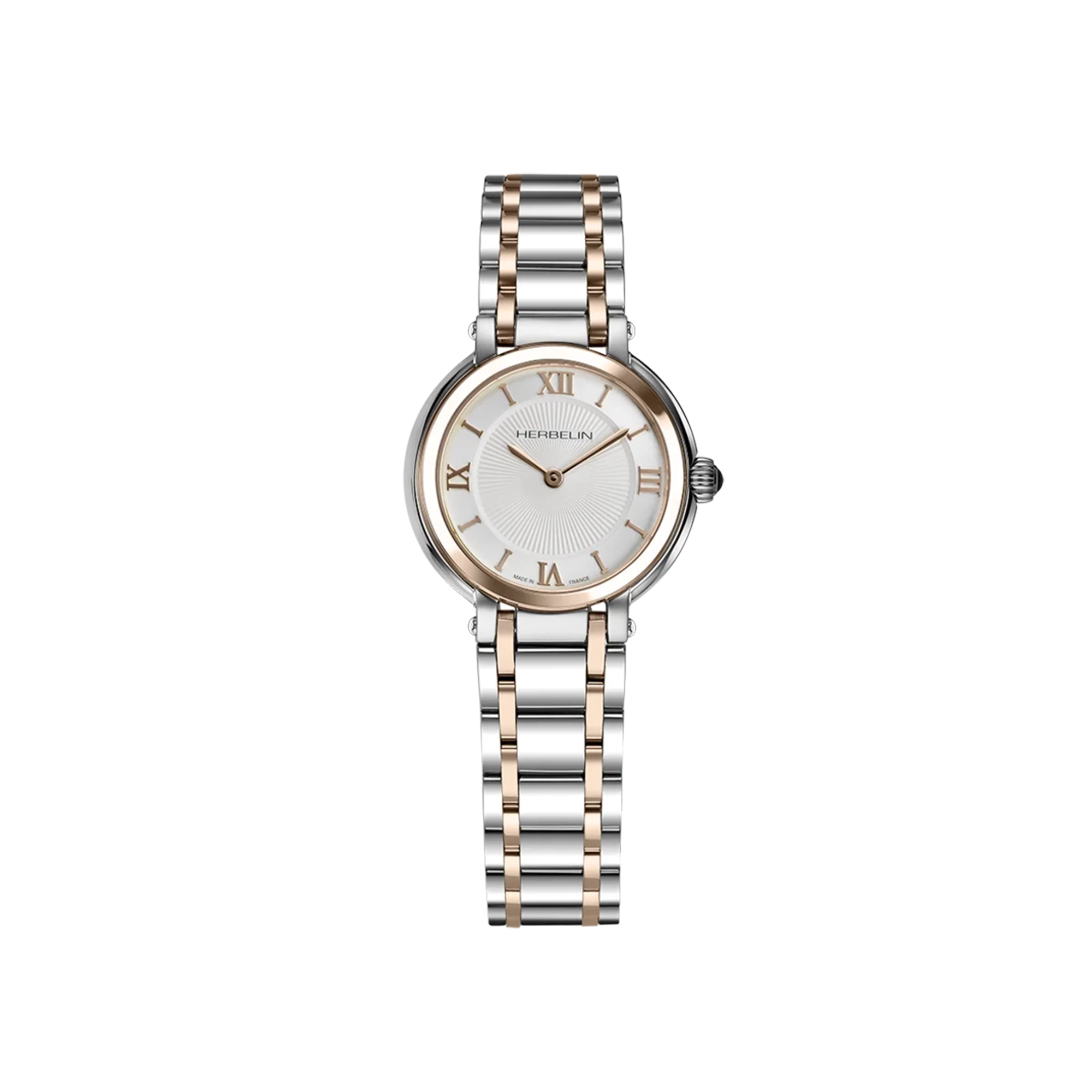 Galet, cadran argent guilloché, boîtier acier PVD or rose rond, bracelet acier PVD or rose
