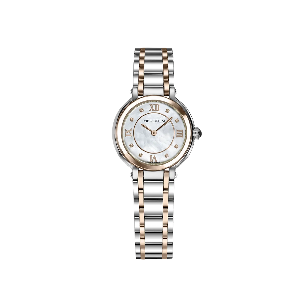 ⁣⁢Galet, esfera nácar blanco, caja acero PVD oro rosa redonda, brazalete acero PVD oro rosa⁤⁣