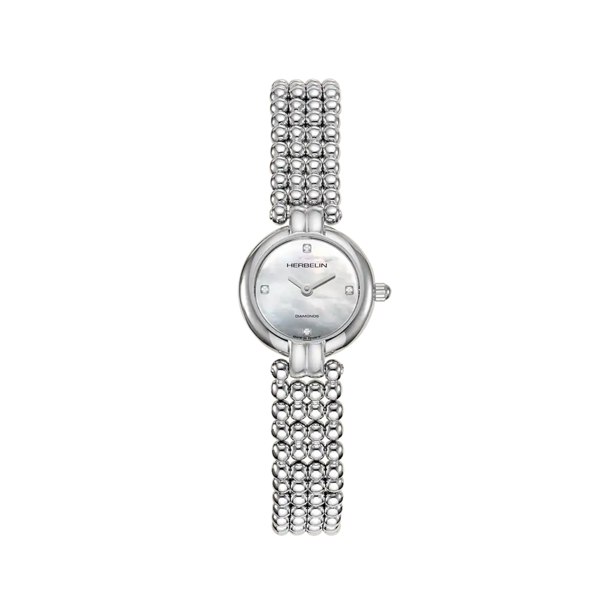 ⁣⁢Perles, white mother-of-pearl dial, yellow gold PVD steel round case, two-tone steel bracelet⁤⁣