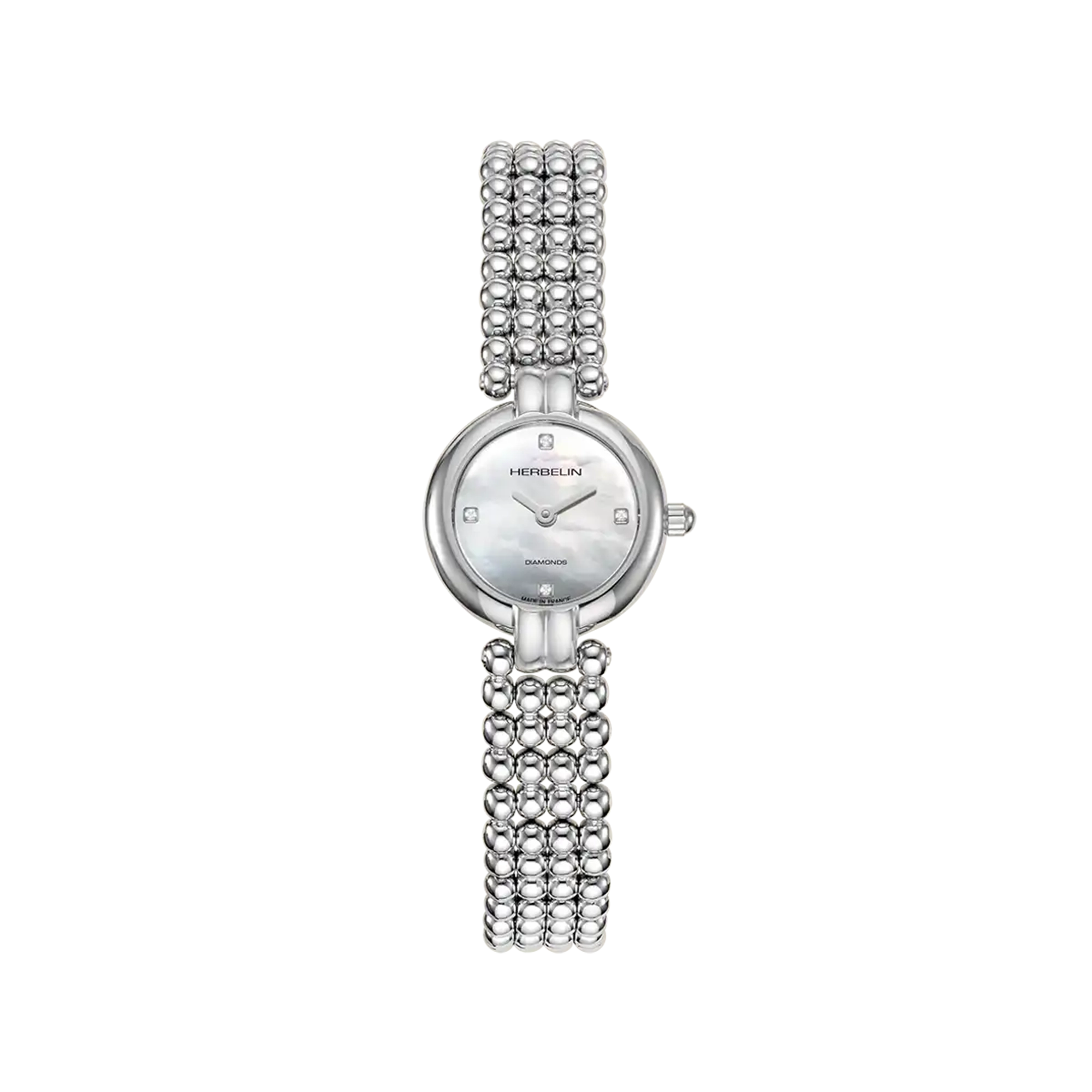 Perles, cadran nacre blanche, boîtier acier PVD or jaune rond, bracelet acier bicolore