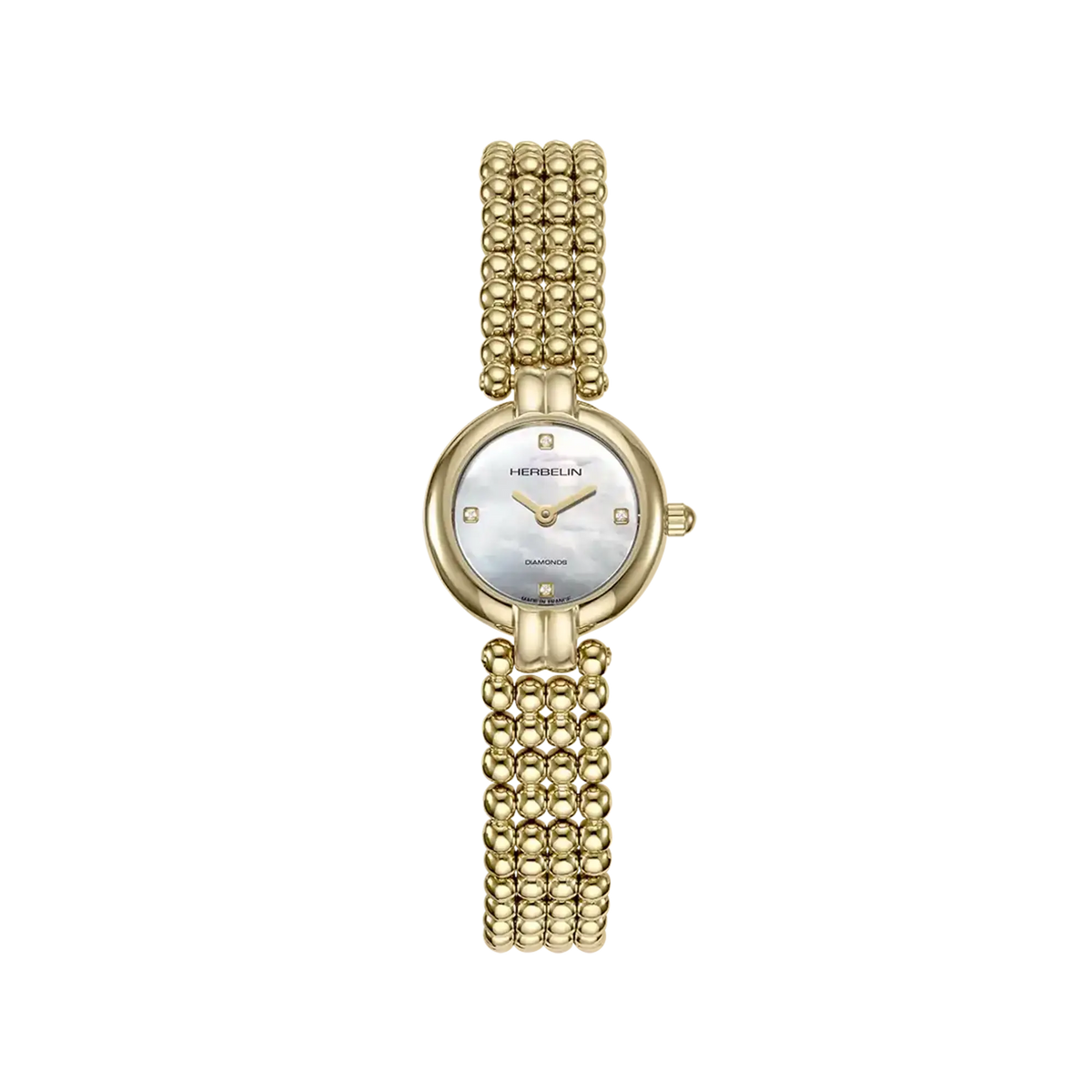 ⁣⁢Perles, white mother-of-pearl dial, yellow gold PVD steel round case, two-tone steel bracelet⁤⁣