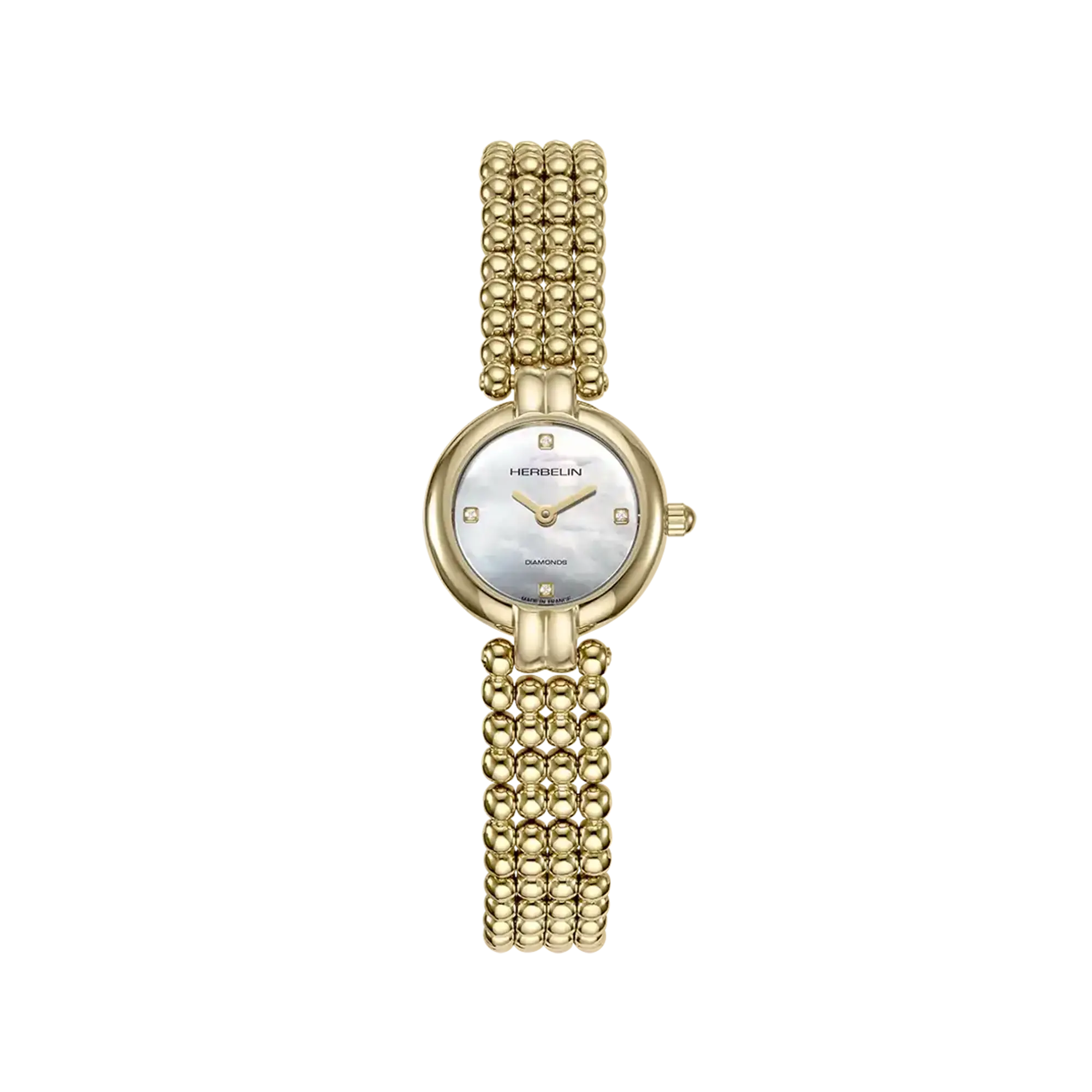 Perles, cadran nacre blanche, boîtier acier PVD or jaune rond, bracelet acier bicolore