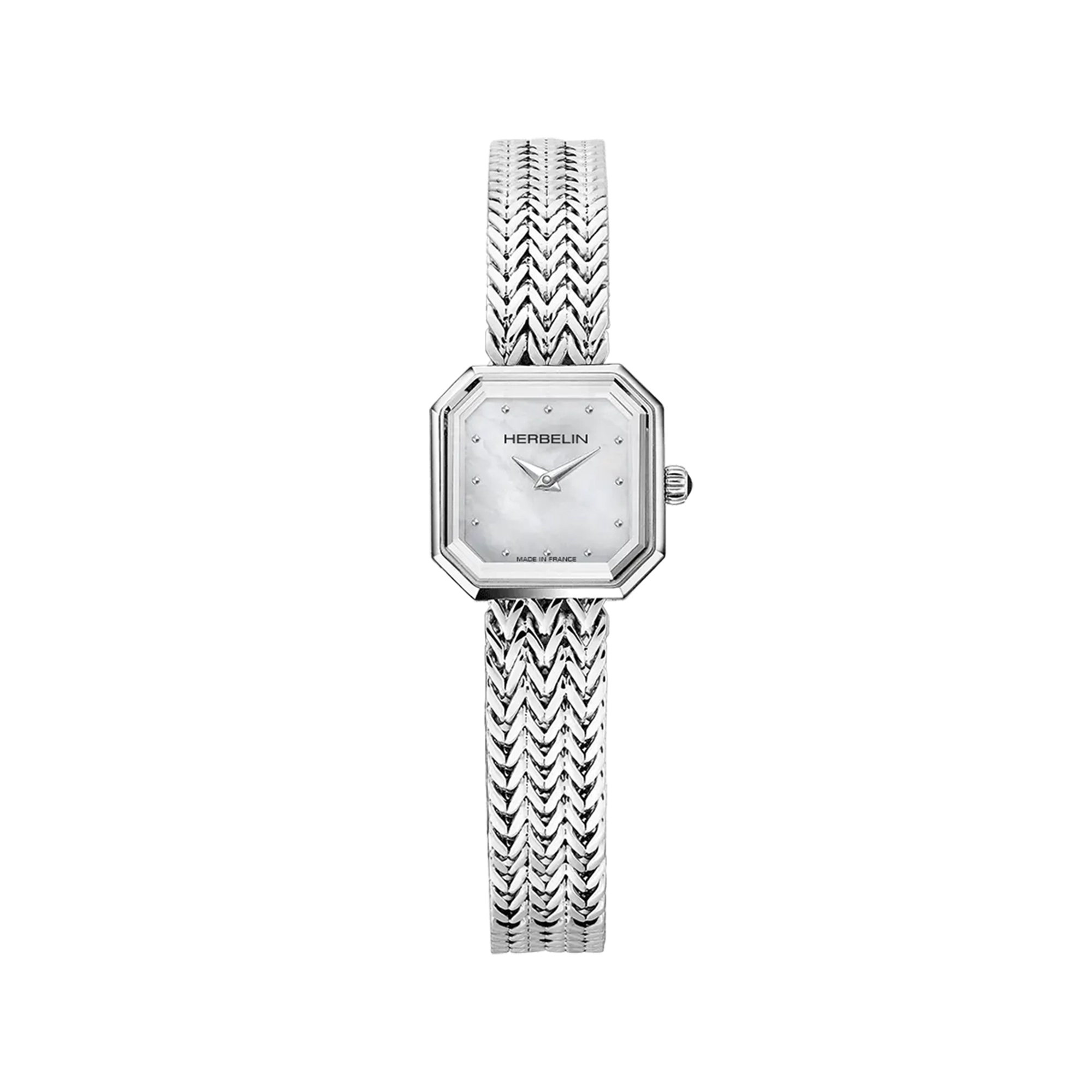 Octogône, cadran nacre blanche, boîtier carré acier, bracelet acier