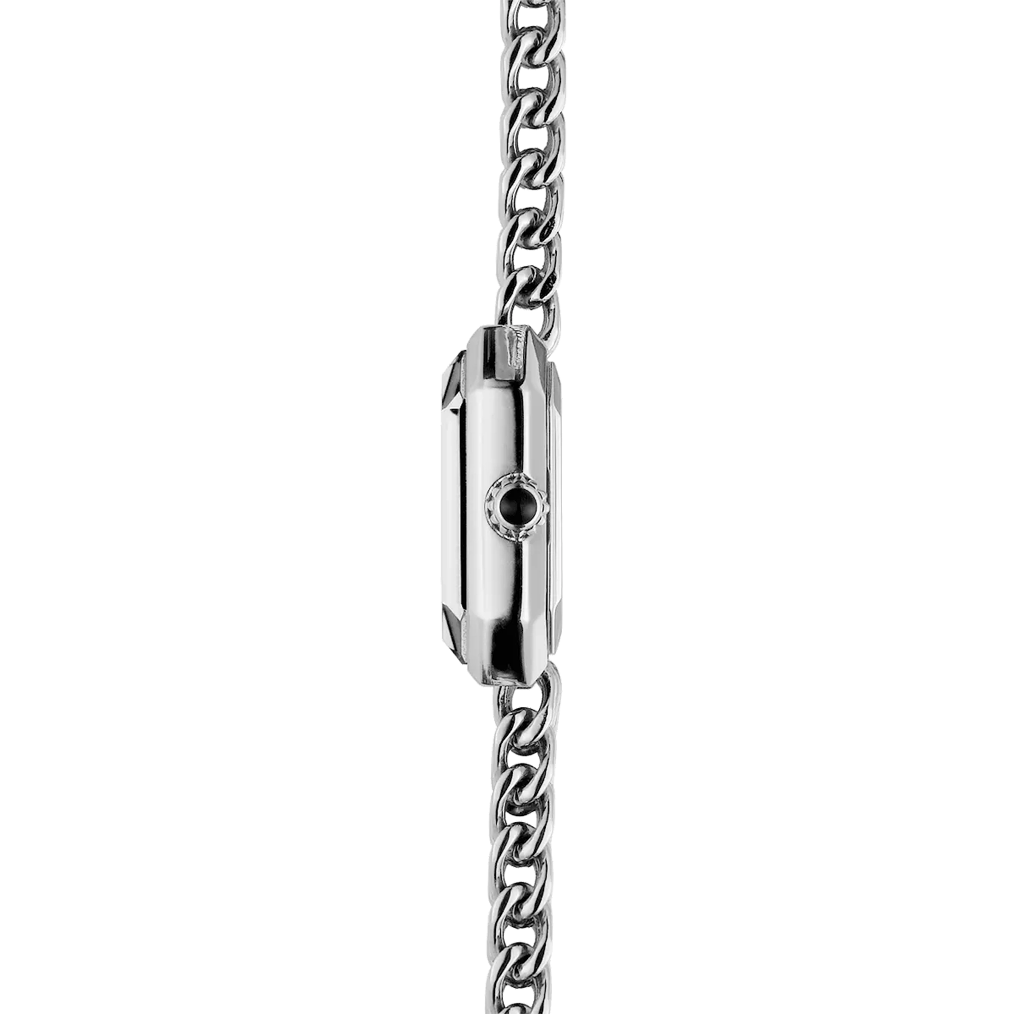 Vue de profil, tranche acier, couronne et attaches du bracelet acier