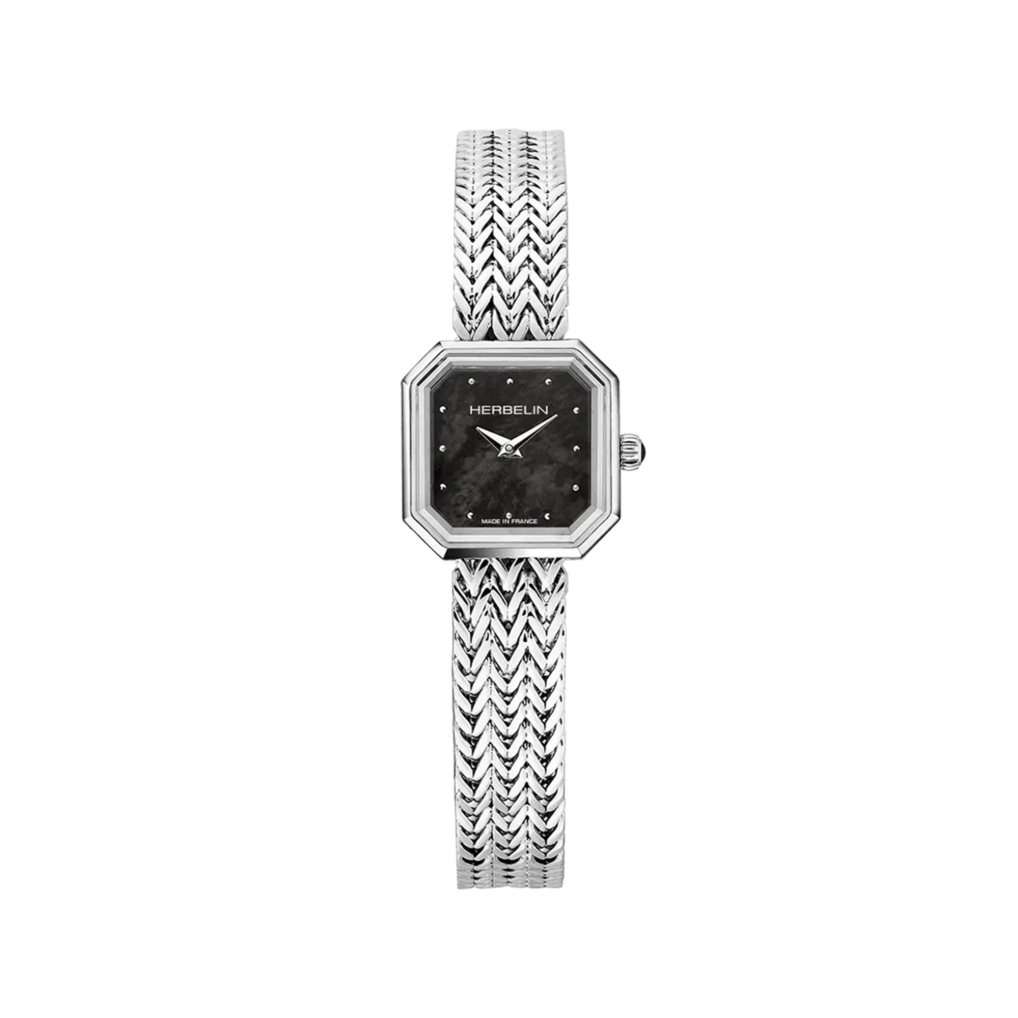 Octogône, cadran nacre noire, boîtier carré acier, bracelet acier