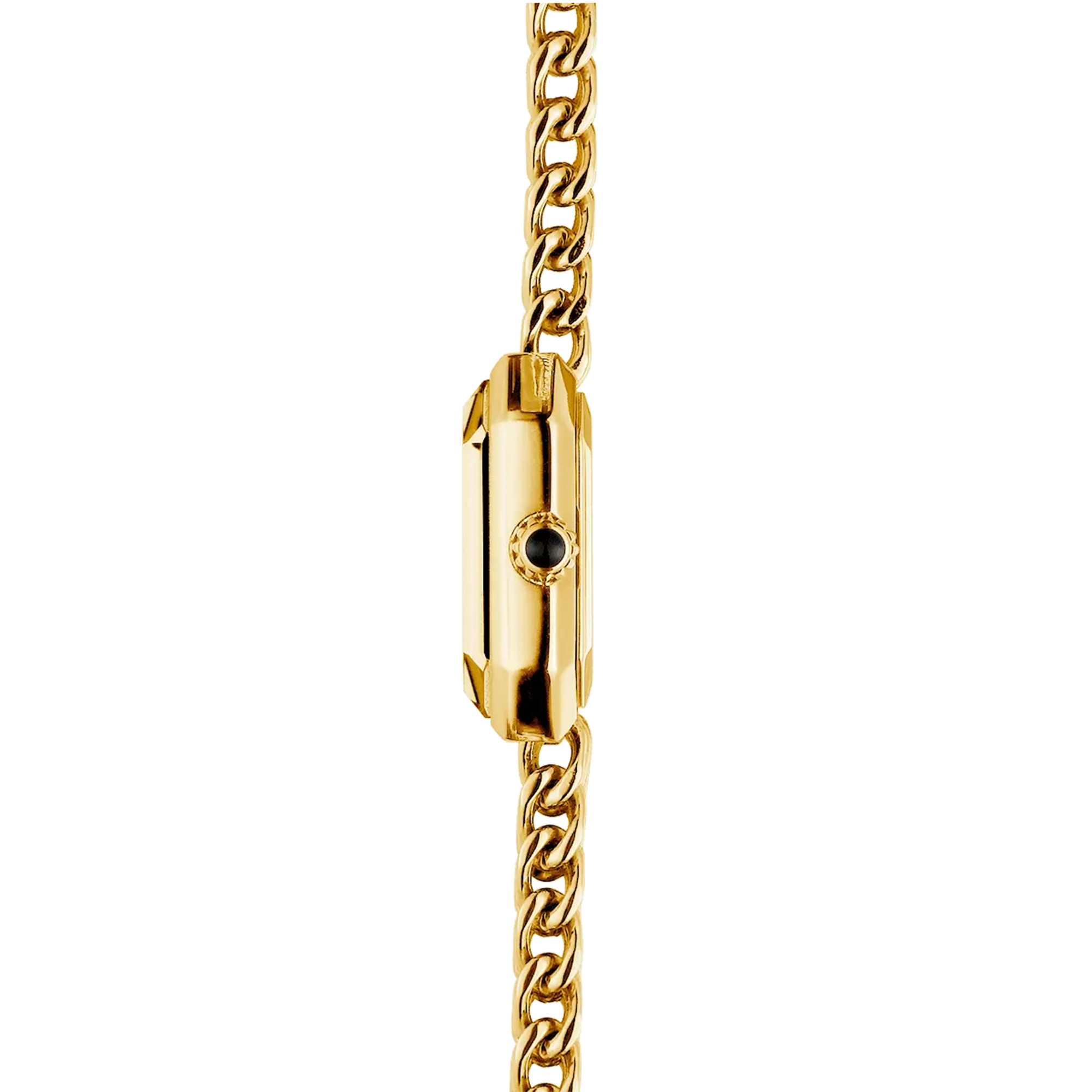 Vue de profil, tranche acier PVD or jaune, couronne et attaches du bracelet acier bicolore