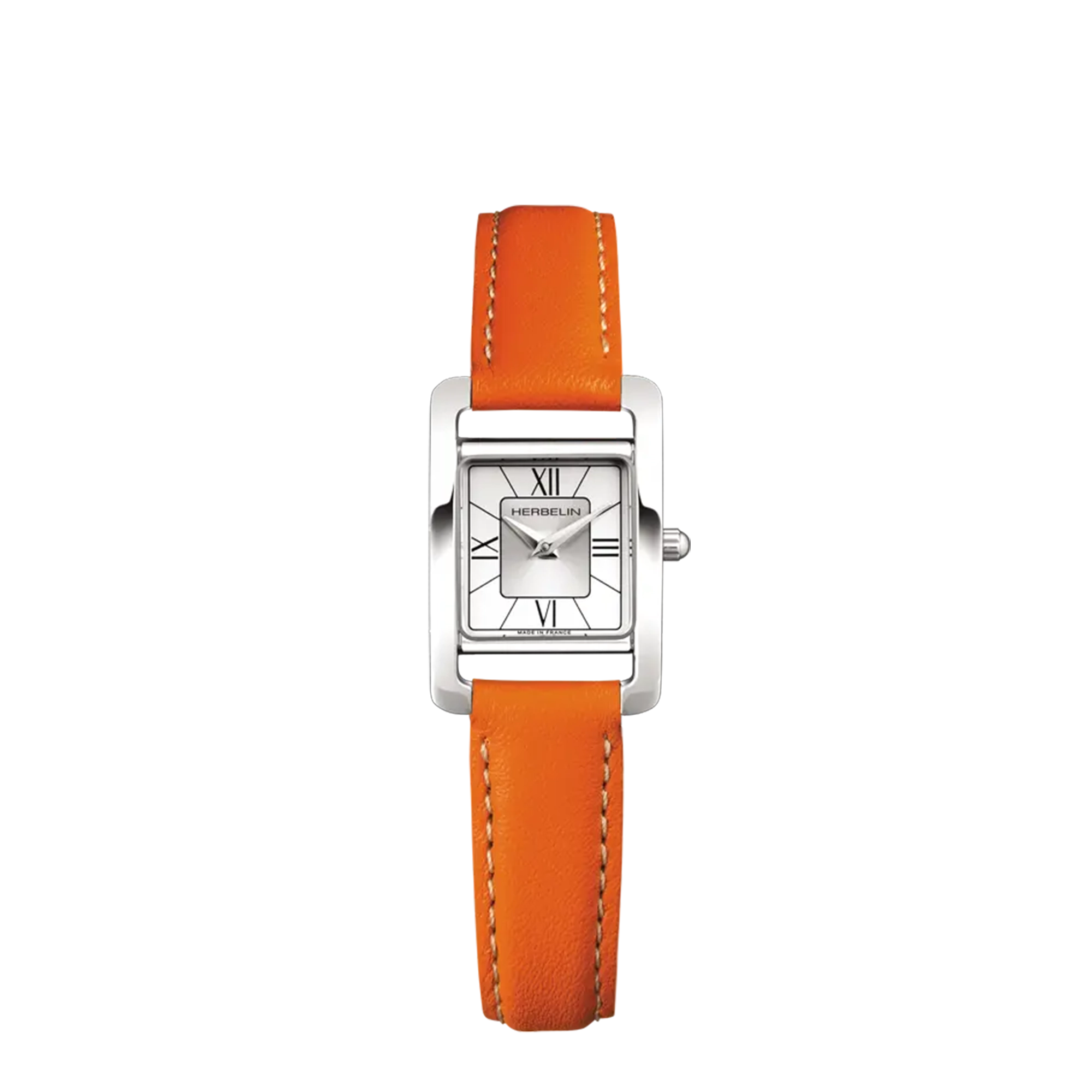 Ve Avenue, cadran argent, boîtier rectangle acier, bracelet cuir