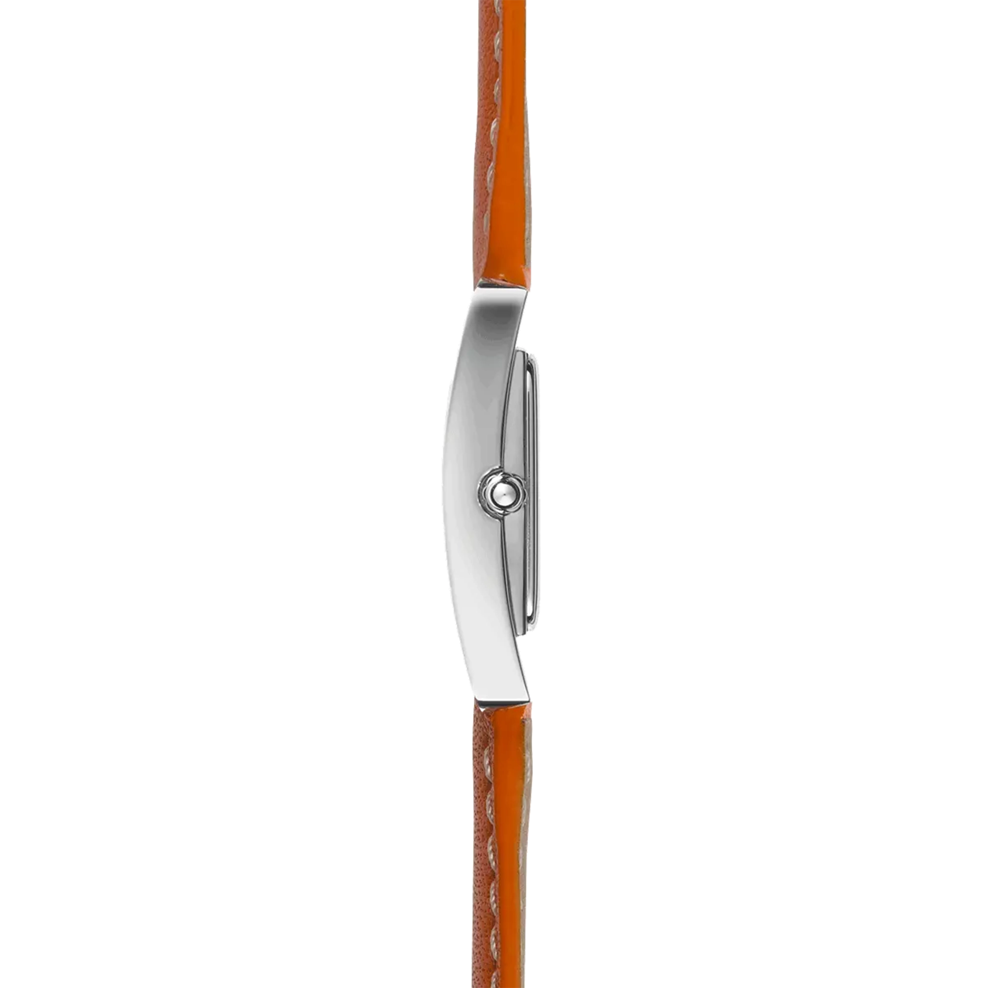 Vue de profil, tranche acier, couronne et attaches du bracelet cuir