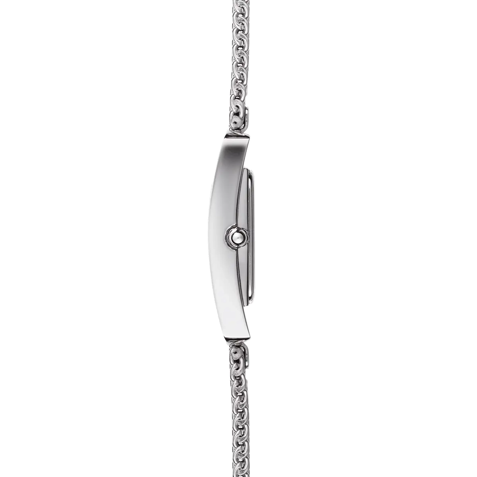 Vue de profil, tranche acier, couronne et attaches du bracelet acier