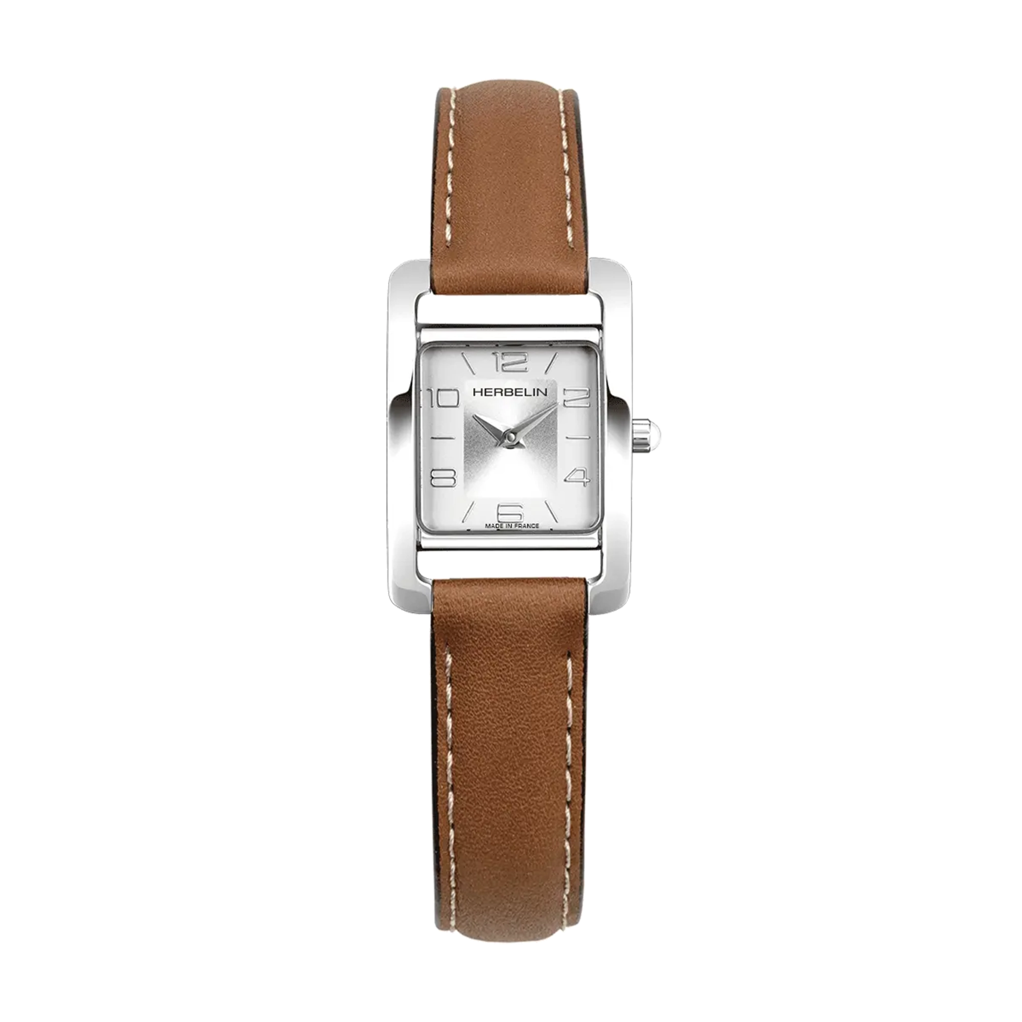 Ve Avenue, cadran argent brossé vertical, boîtier rectangle acier, bracelet cuir