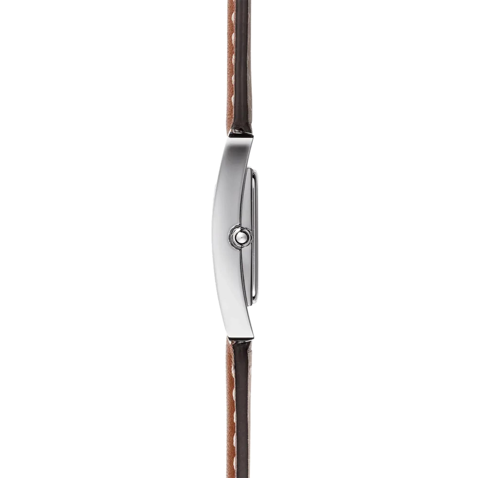 Vue de profil, tranche acier, couronne et attaches du bracelet cuir