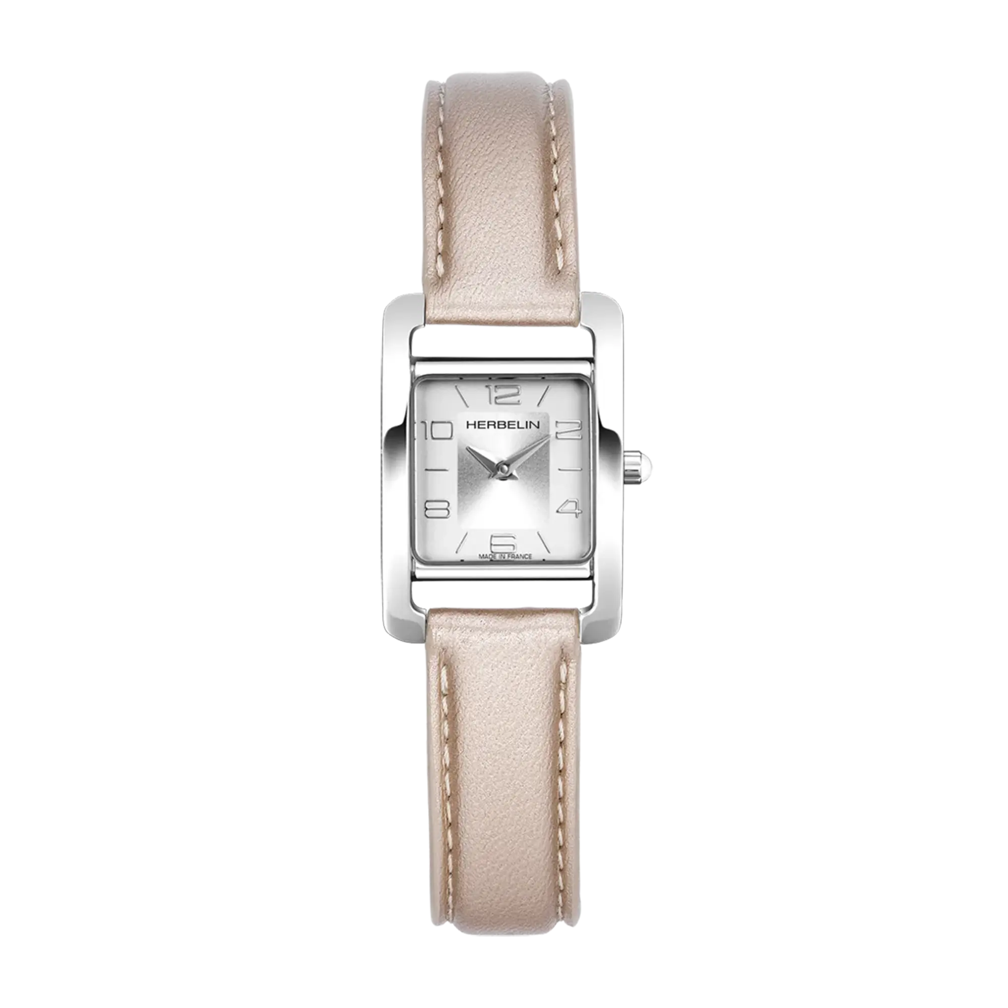Ve Avenue, cadran argent, boîtier rectangle acier, bracelet cuir