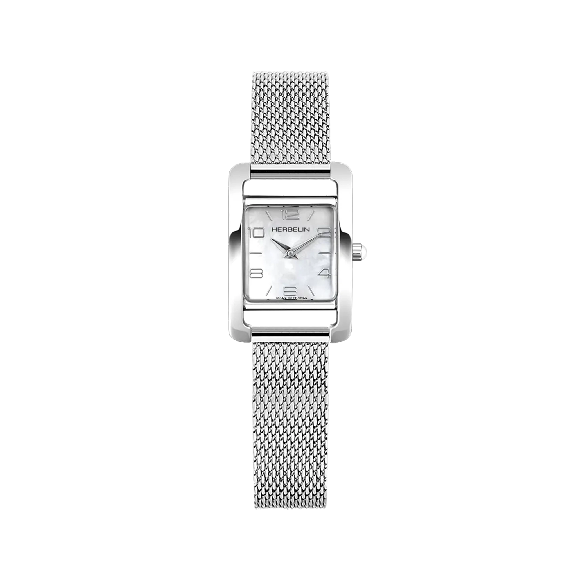 Ve Avenue, cadran nacre blanche, boîtier rectangle acier, bracelet acier