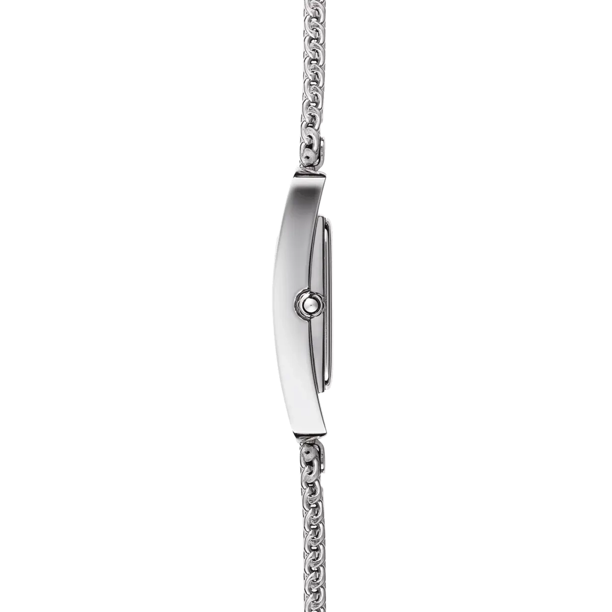 Vue de profil, tranche acier, couronne et attaches du bracelet acier