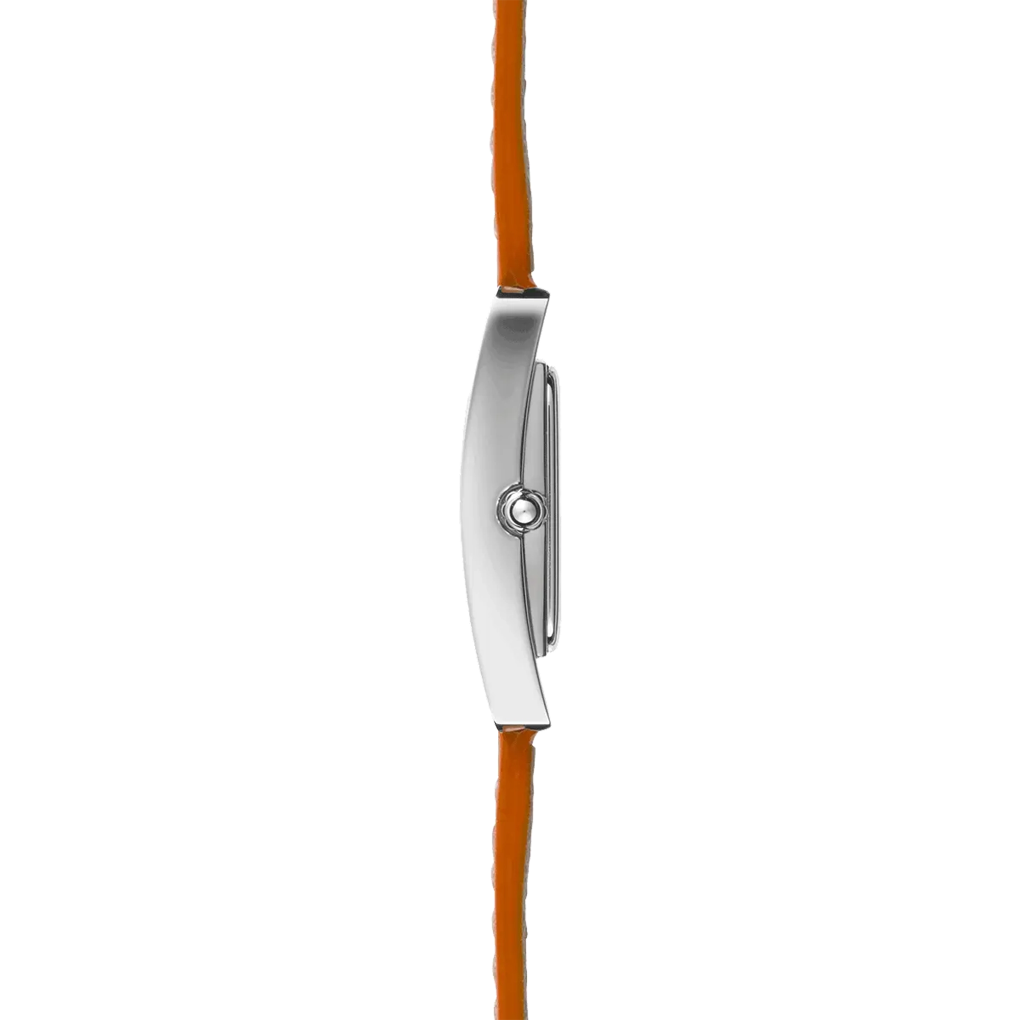 Vue de profil, tranche acier, couronne et attaches du bracelet cuir