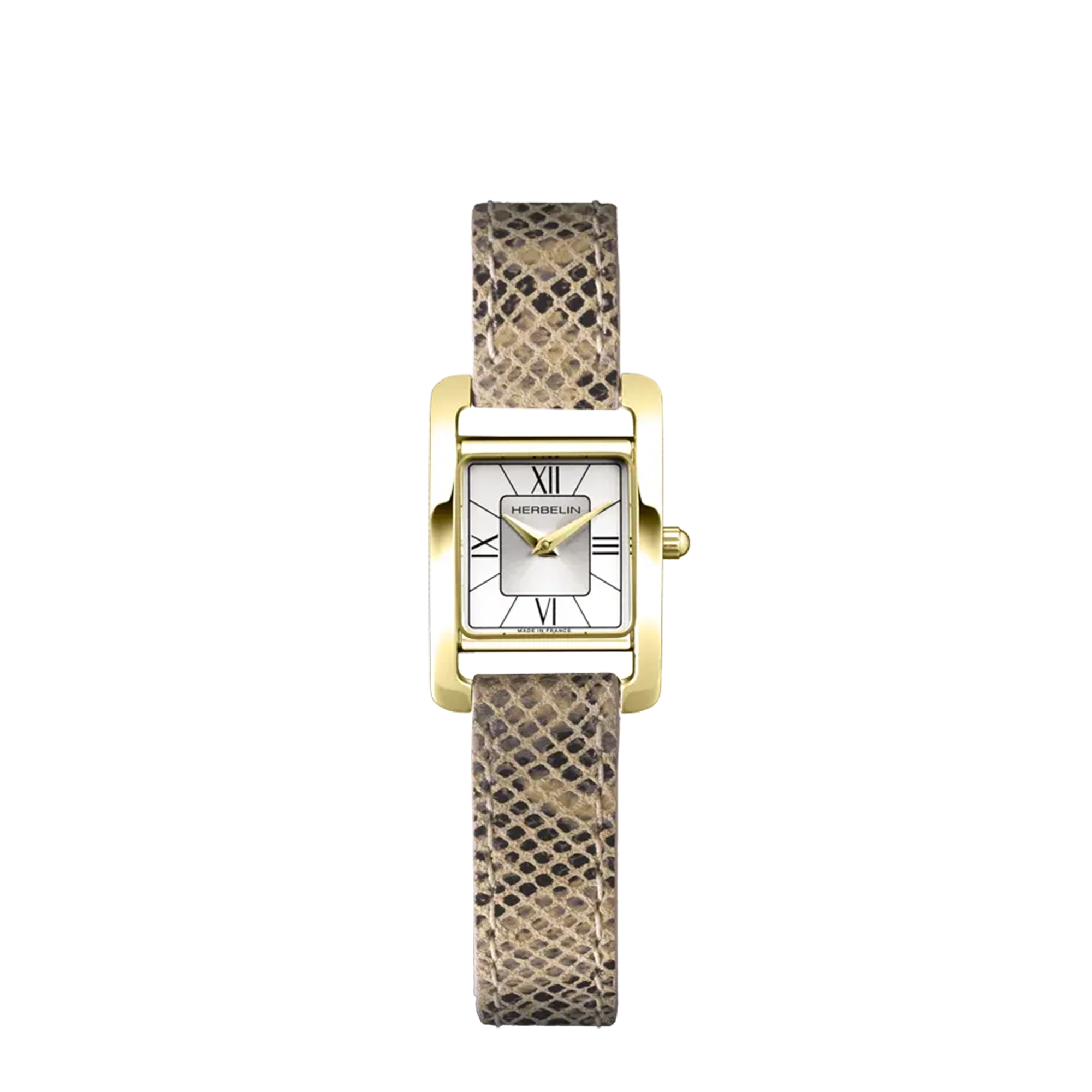 Ve Avenue, cadran argent, boîtier rectangle acier PVD or jaune, bracelet cuir