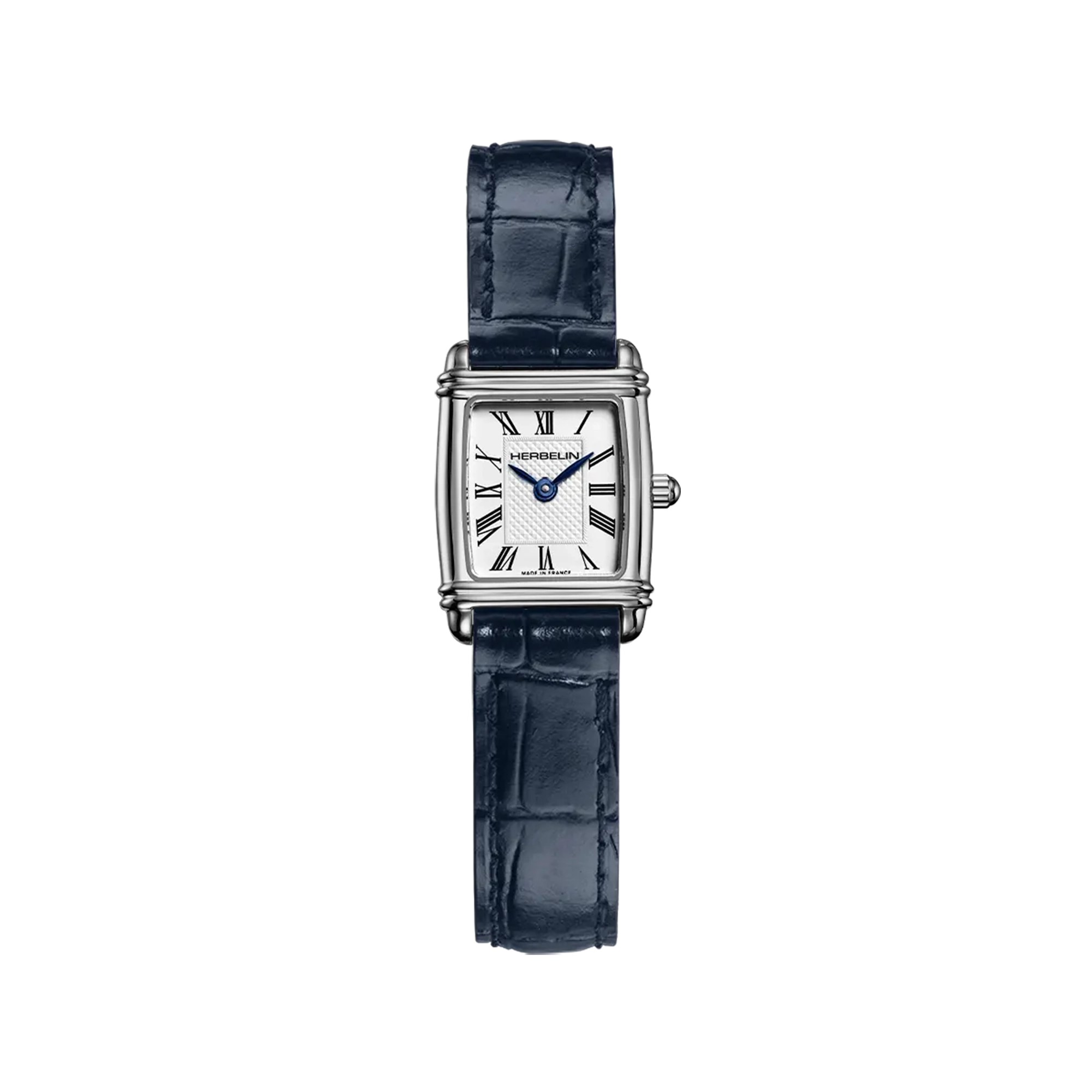 Art Déco, cadran argent guilloché, boîtier rectangle acier, bracelet cuir