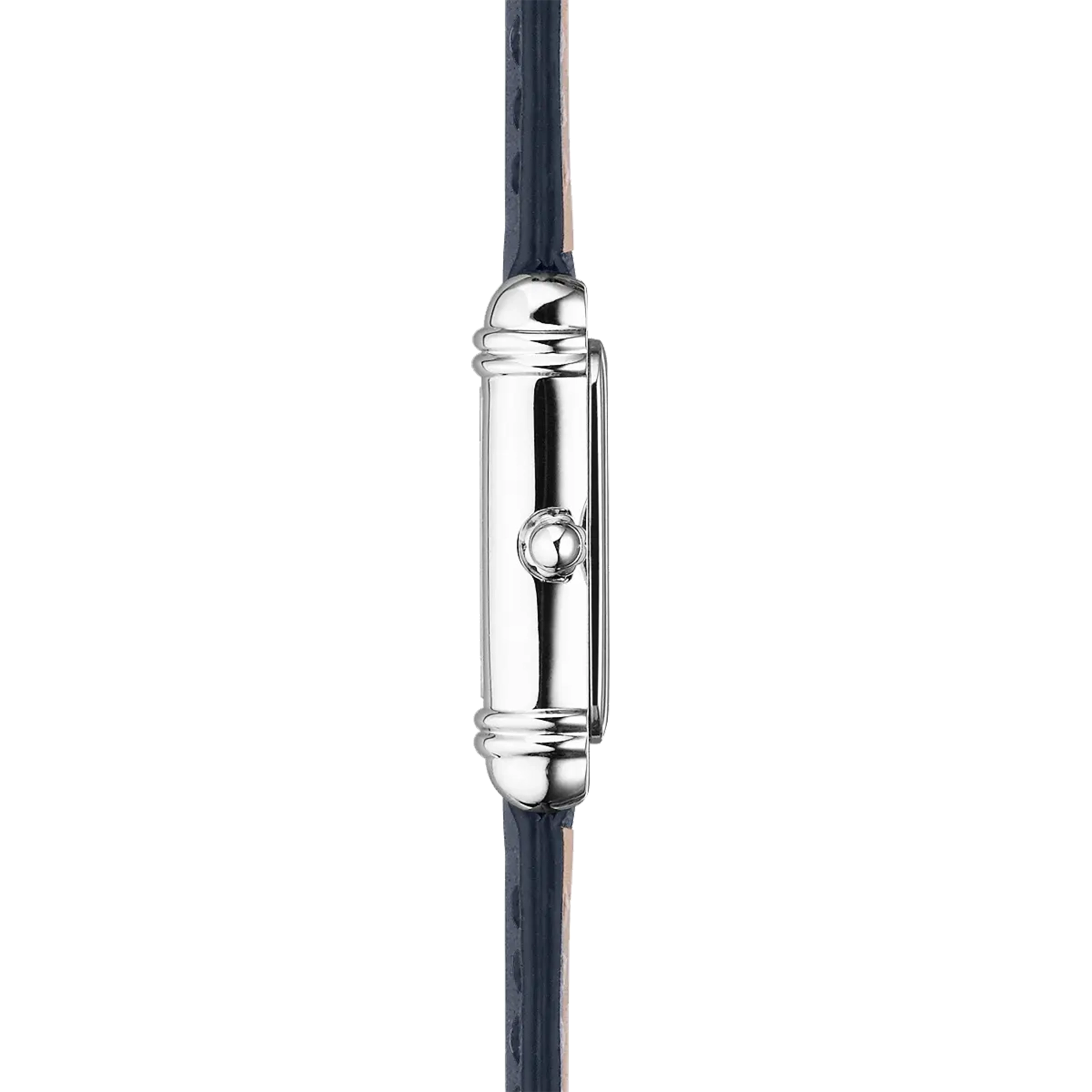 Vue de profil, tranche acier, couronne et attaches du bracelet cuir