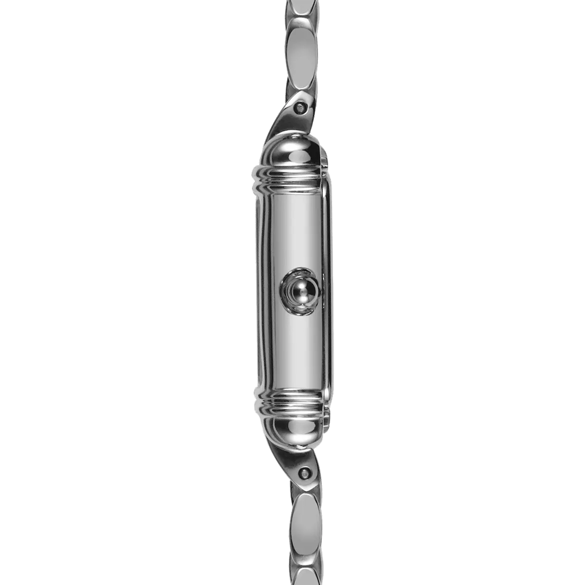 Vue de profil, tranche acier, couronne et attaches du bracelet acier