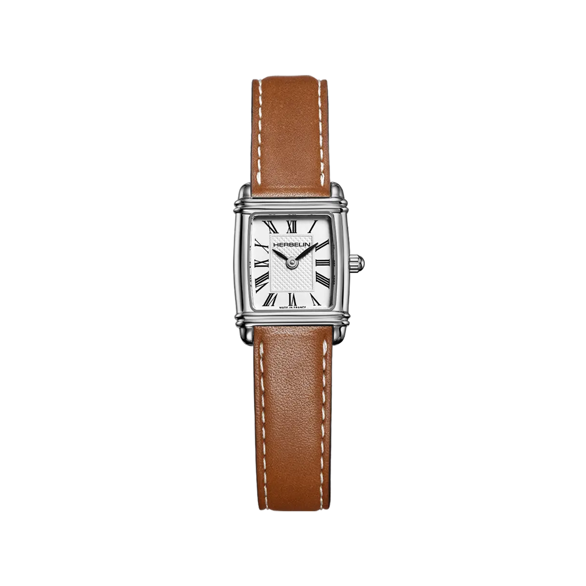 Art Déco, cadran argent, boîtier rectangle acier, bracelet cuir