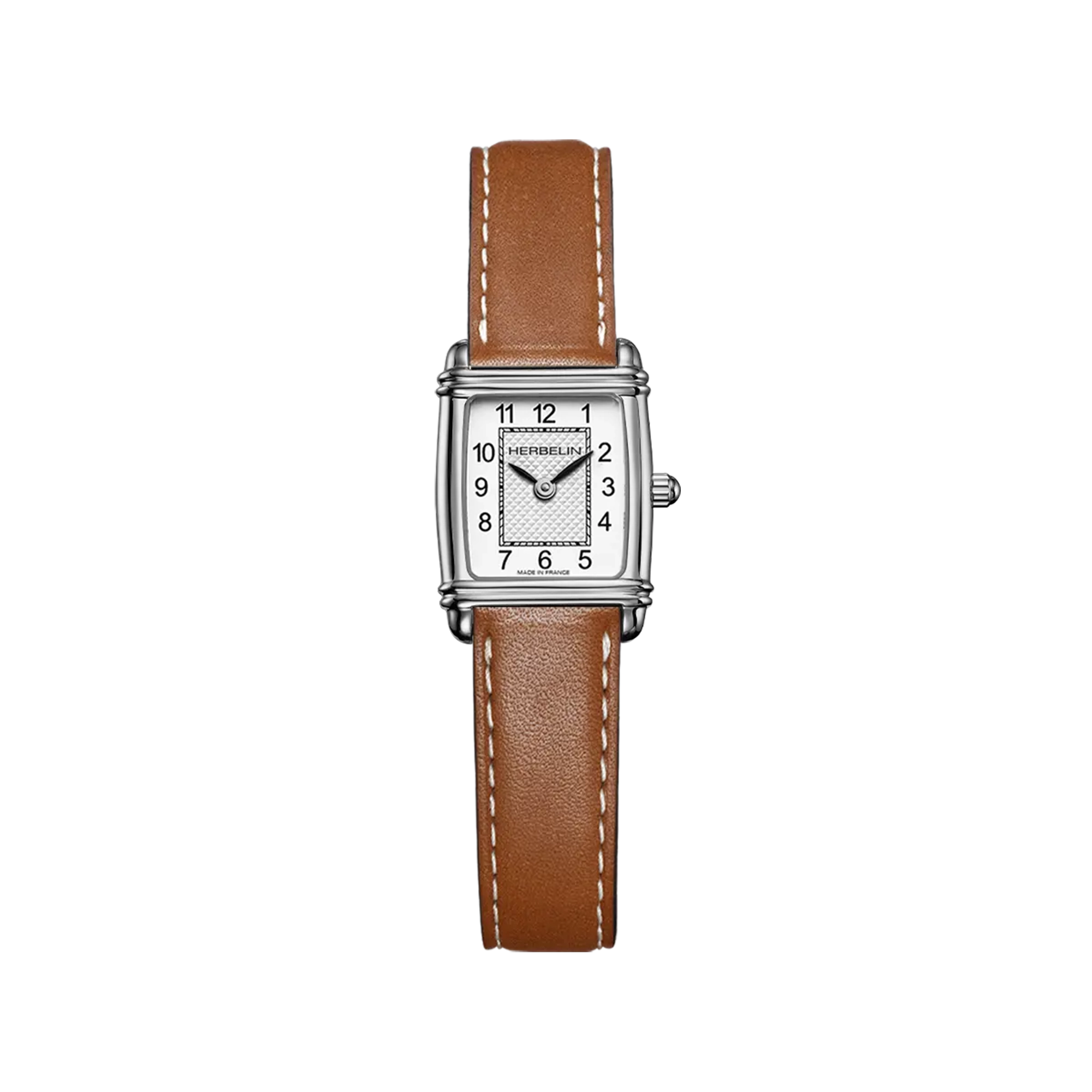 Art Déco, cadran argent guilloché, boîtier rectangle acier, bracelet cuir
