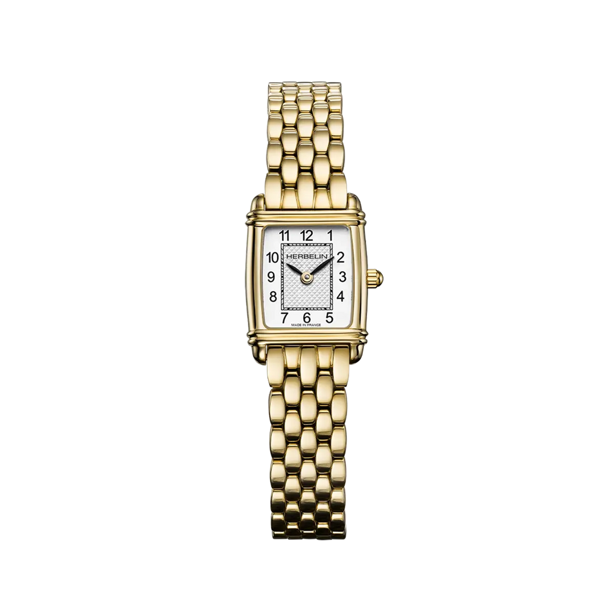 ⁣⁢Art Déco, silver guilloché dial, yellow gold PVD steel rectangular case, two-tone steel bracelet⁤⁣