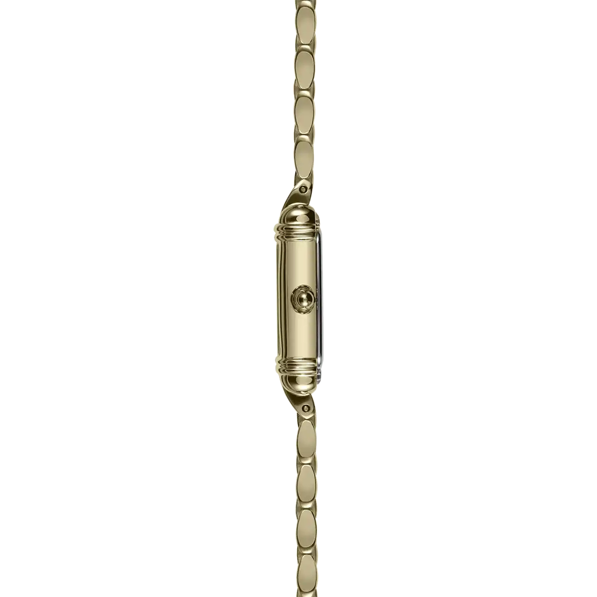 Vue de profil, tranche acier PVD or jaune, couronne et attaches du bracelet acier bicolore