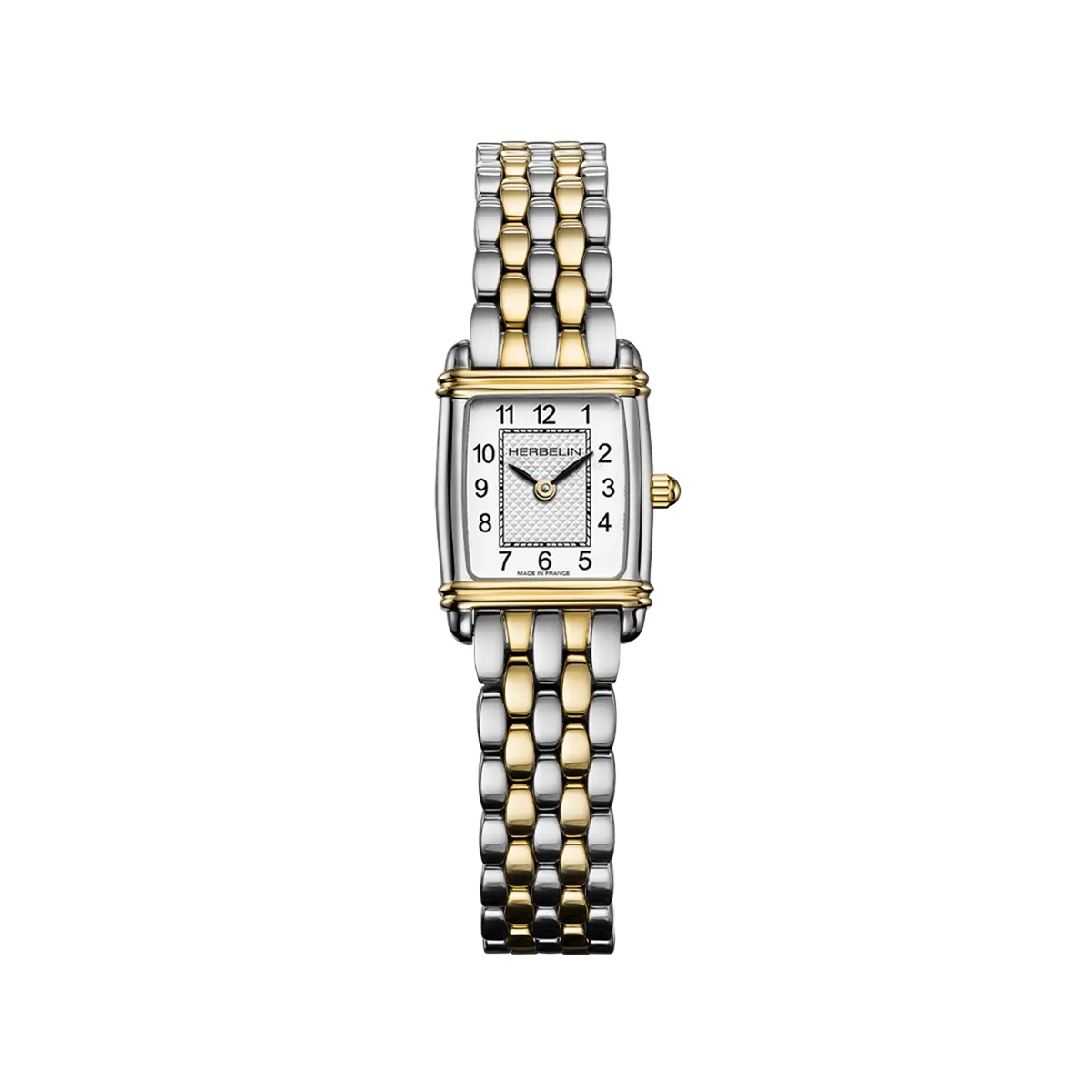 ⁣⁢Art Déco, zilverkleurige guilloché wijzerplaat, rechthoekige geelgouden PVD stalen kast, roségouden PVD stalen band⁤⁣